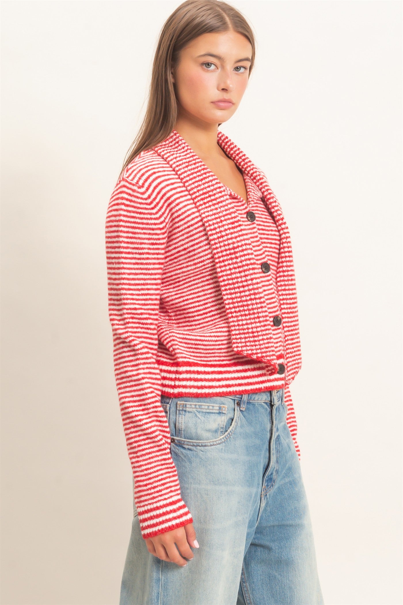 Wholesale Striped Cardigan With Scarf Cardigans DZ26E930 RED DOUBLE ZERO