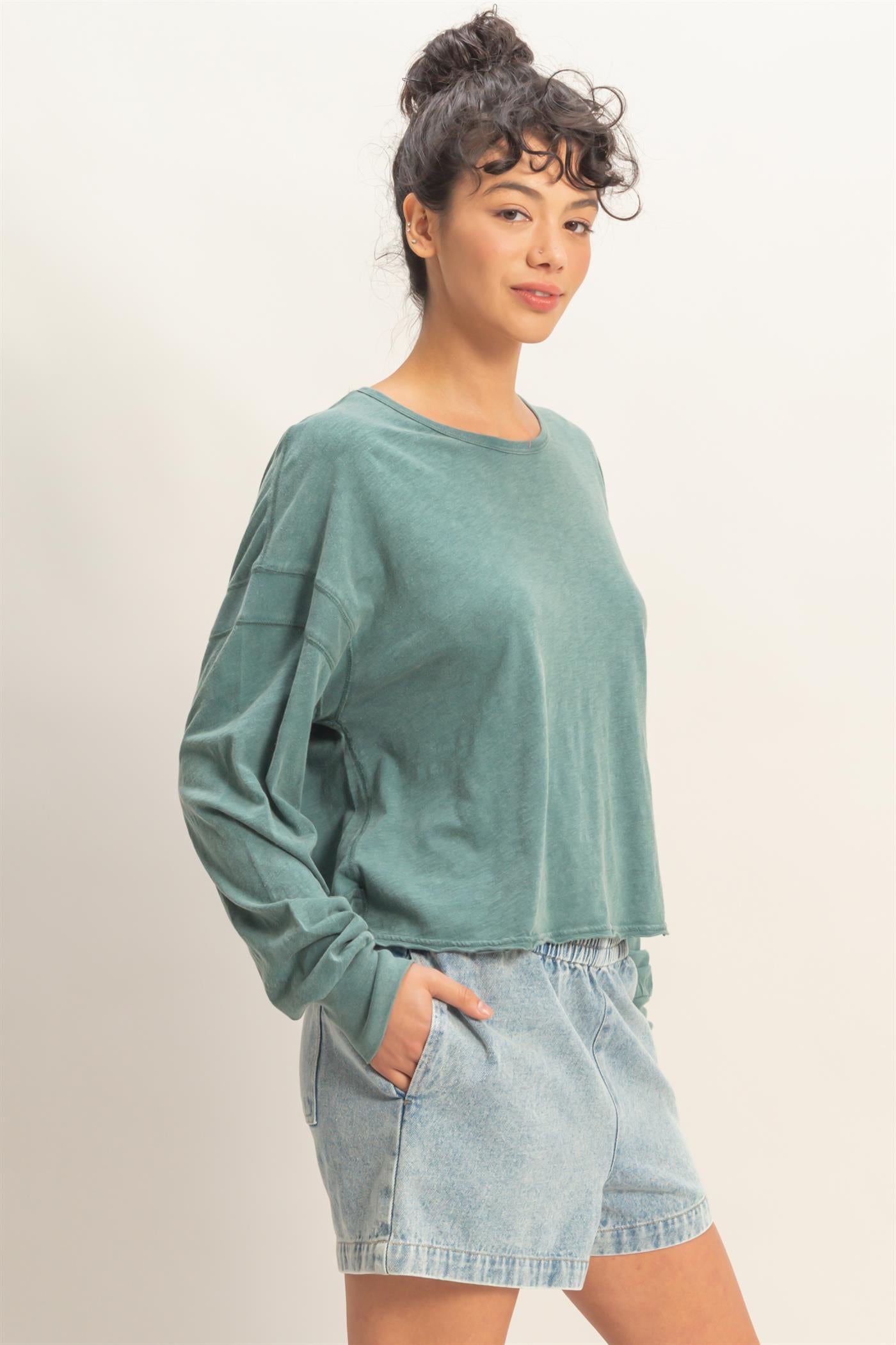 Wholesale Cross Detail Open Back Long-Sleeve Top Clothing Tops DZ26C731 DARK TEAL DOUBLE ZERO