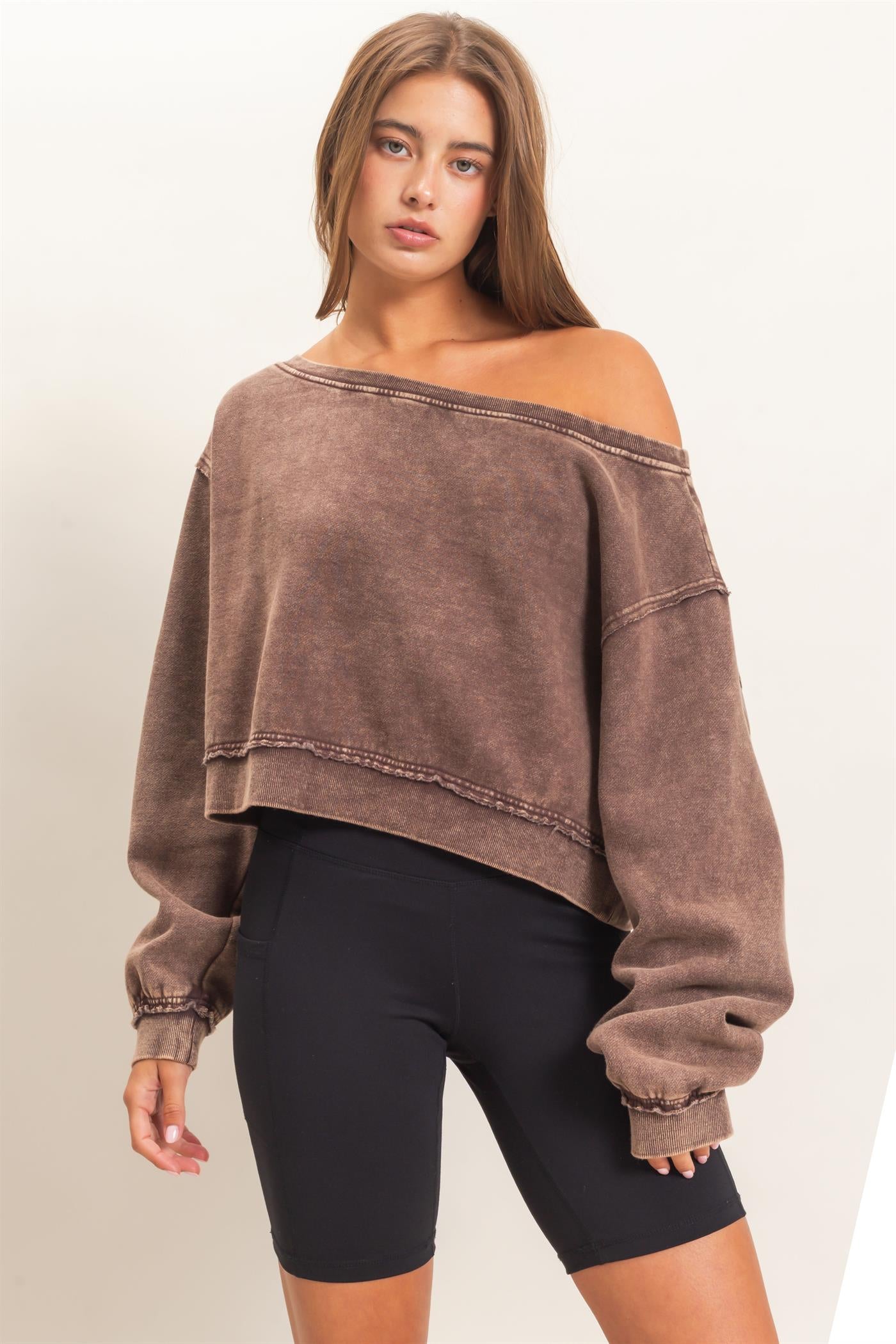 Wholesale Raw Edge Acid Wash Off The Shoulder Sweatshirt Sweatshirts DZ26F013 DARK BROWN DOUBLE ZERO