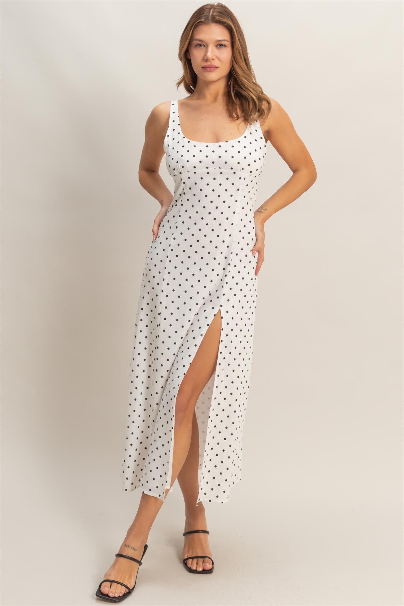 Wholesale Polka Dot Scoop Neck Midi Dress Dresses HF26C268-D WHITE HYFVE