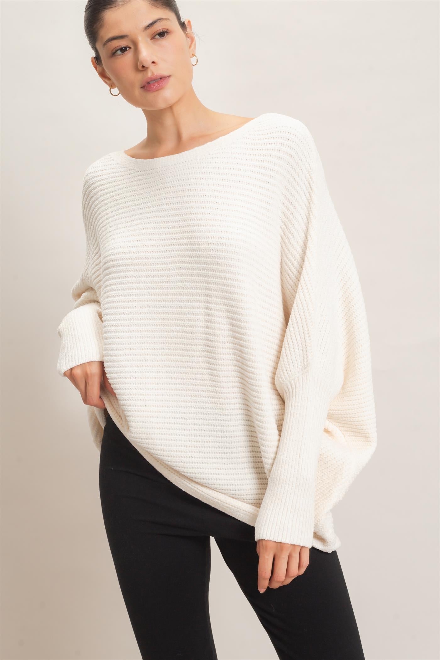 Wholesale Chenille Boat Neck Dolman Sleeve Sweater Sweaters HF26F185 CREAM HYFVE