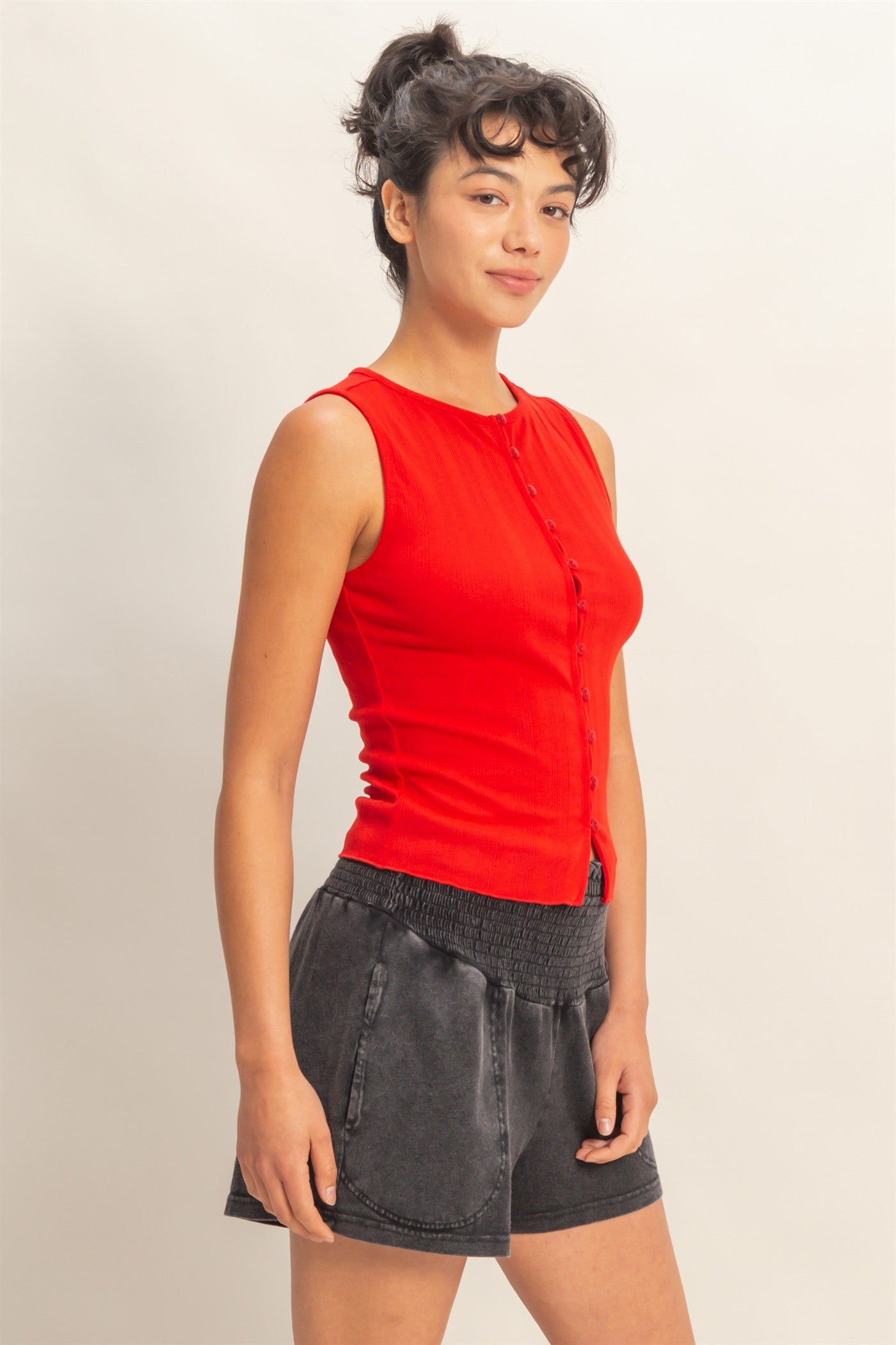 Wholesale Sleeveless Pointelle Button Front Top Clothing Tops DZ26A759 RED DOUBLE ZERO