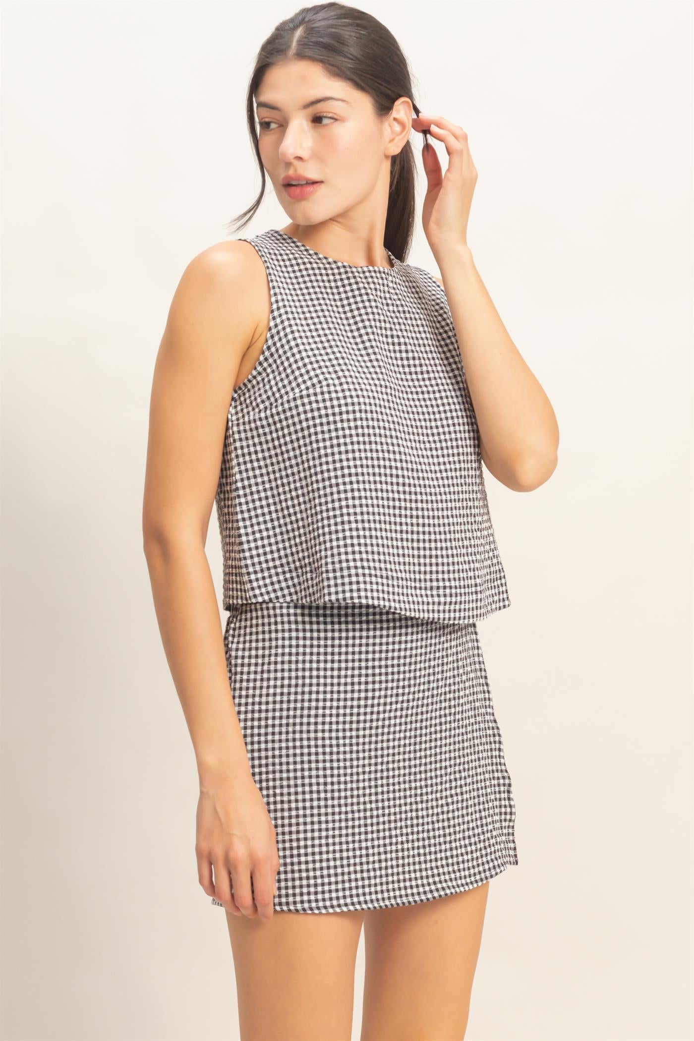 Wholesale Gingham Checkered Sleeveless Top And Skort Set Clothing DZ26C688-SET BLACK DOUBLE ZERO