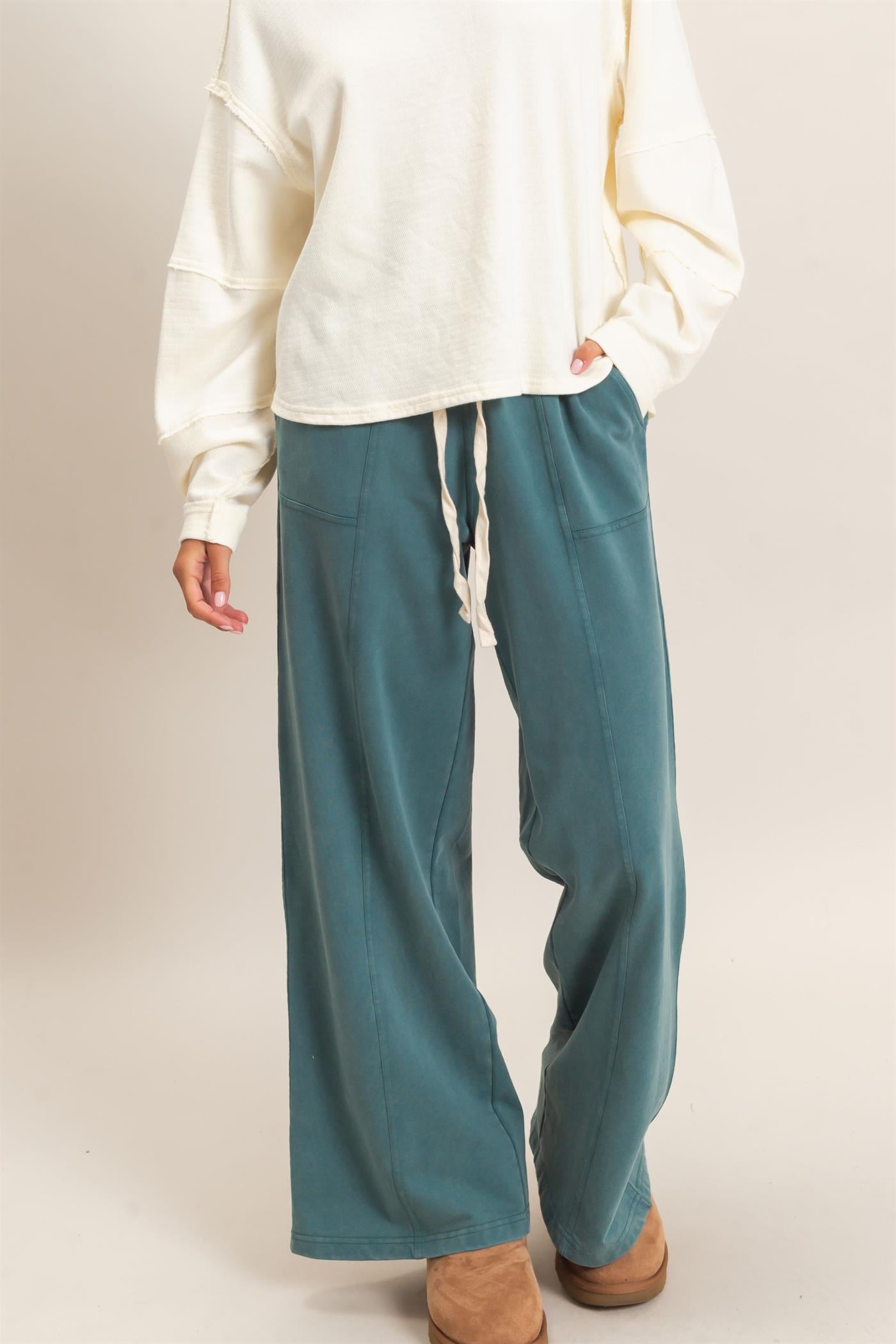 Wholesale Acid Wash Drawstring Waist Wide Leg Pants Pants DZ25A685 DARK TEAL DOUBLE ZERO