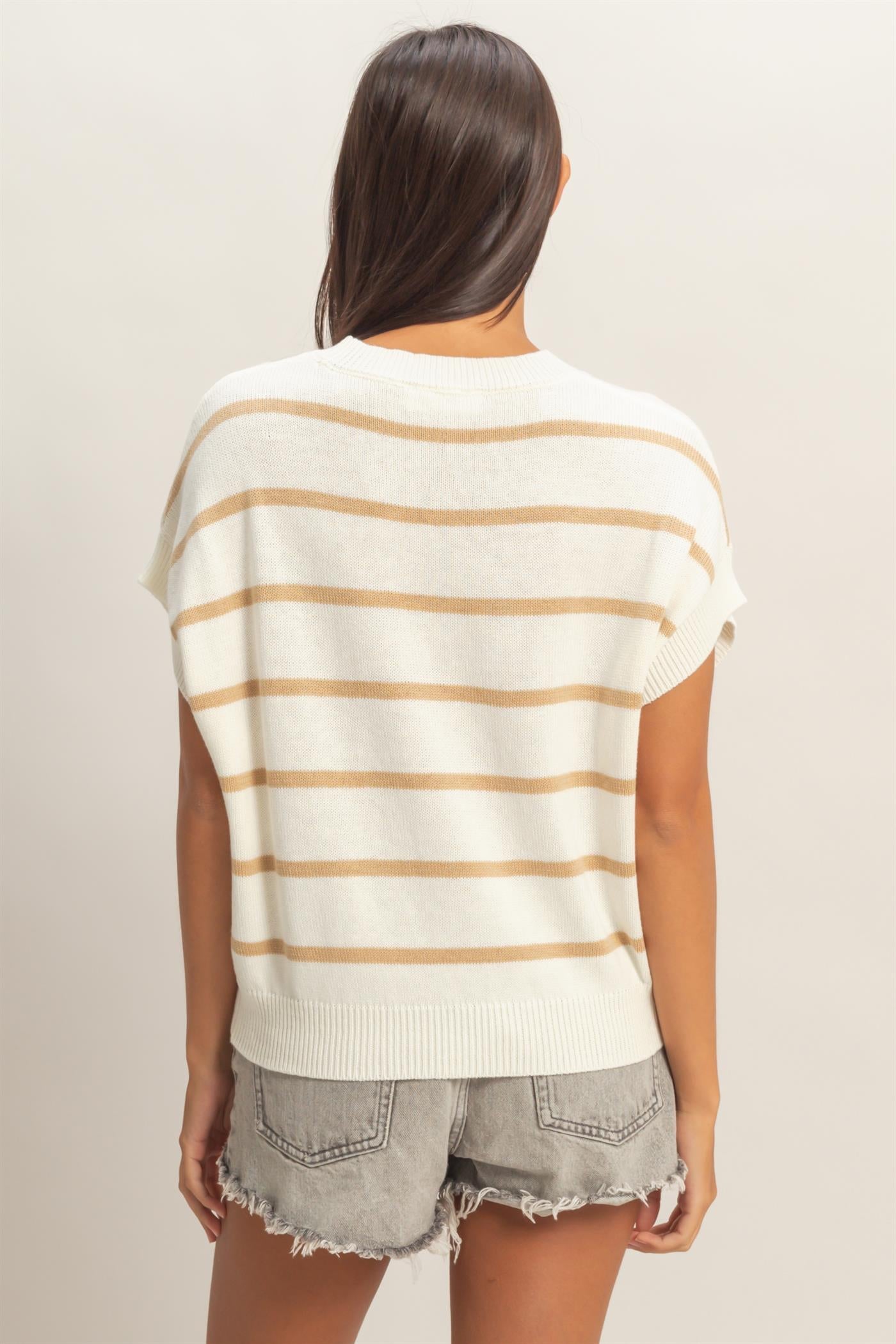 Wholesale Striped Crew Neck Knit Top Clothing Tops DZ26A740 TAUPE DOUBLE ZERO
