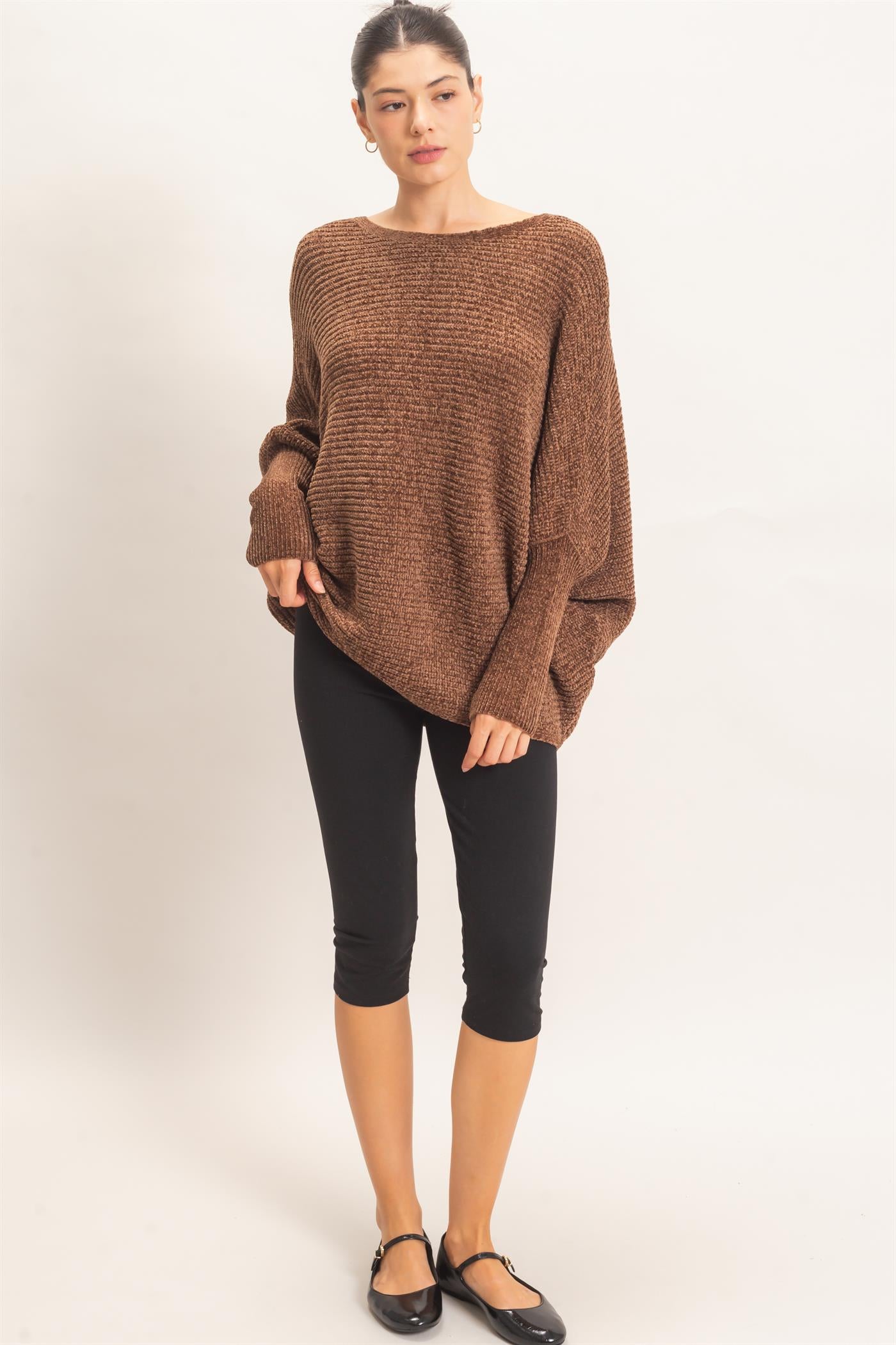 Wholesale Chenille Boat Neck Dolman Sleeve Sweater Sweaters HF26F185 BROWN HYFVE