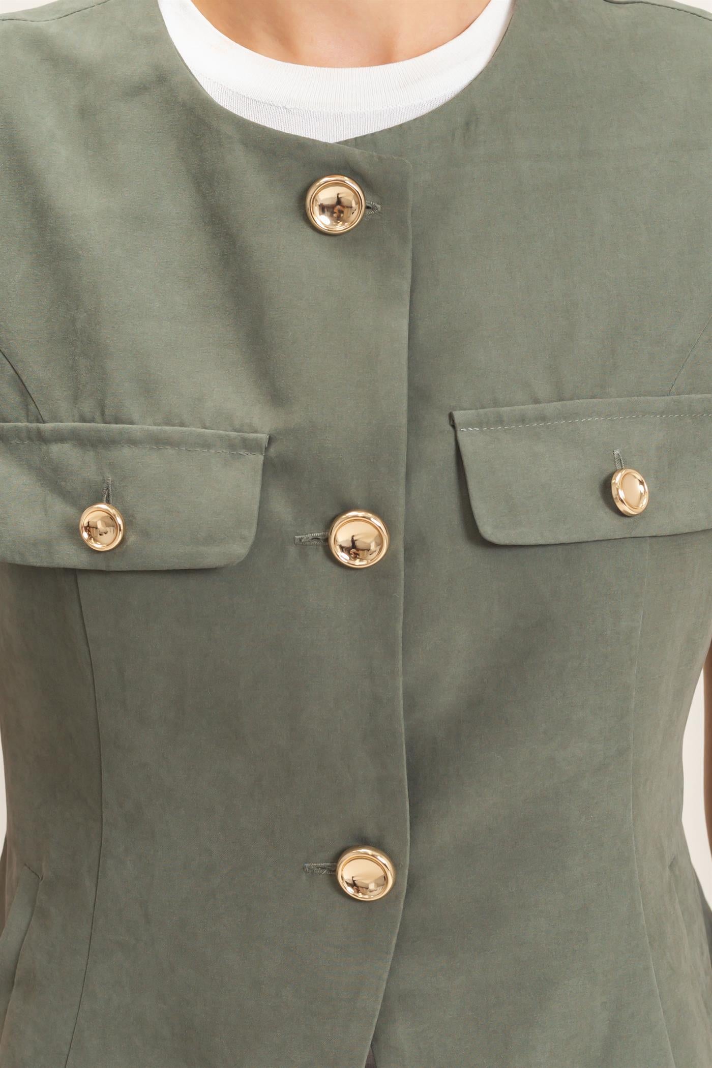 Wholesale Buttoned Sleeveless Utility Vest Vests HF26E929 FOREST GREEN HYFVE