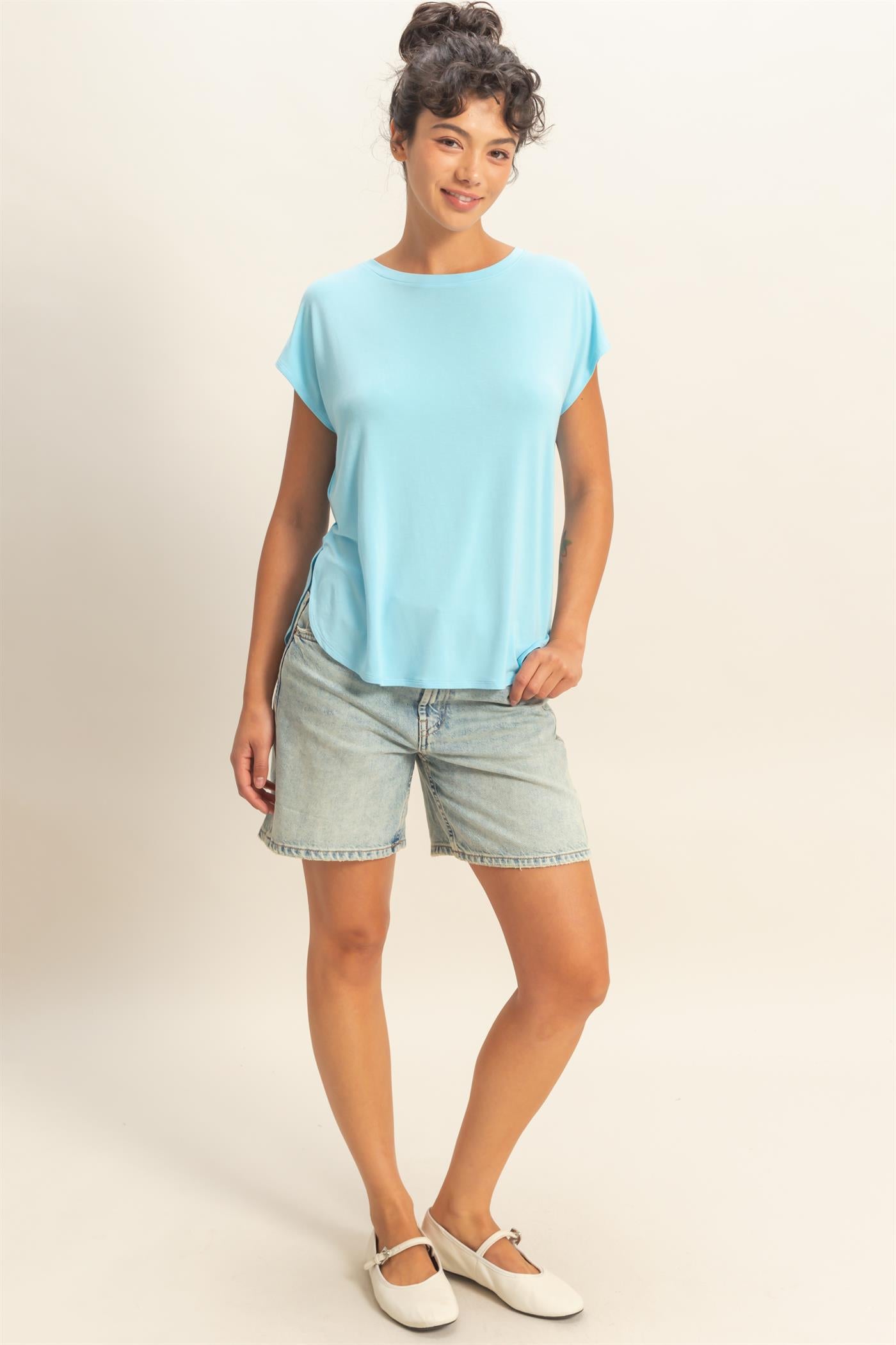 Wholesale Relaxed Dolman Short Sleeve  Round Neck Top Shirts DZ26A270 BLUE DOUBLE ZERO