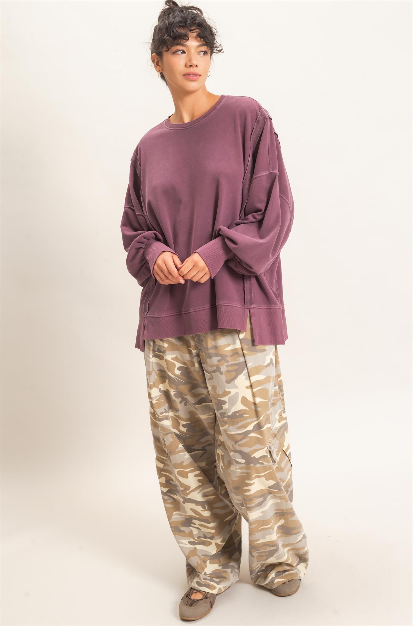 Wholesale Pigment  Dye Oversized Raw Edge Sweatshirt Sweatshirts DZ26C737 DARK CHERRY DOUBLE ZERO
