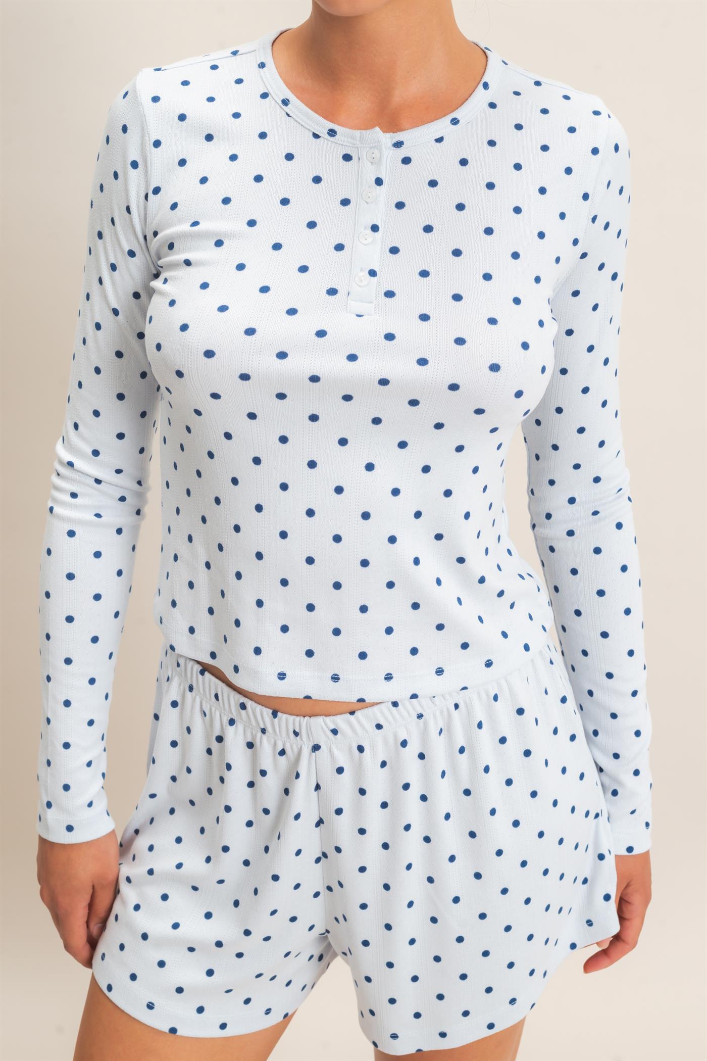 Wholesale Polka Dot Henley Long Sleeve Top & Shorts Set Clothing DZ27A154-SET LIGHT BLUE DOUBLE ZERO