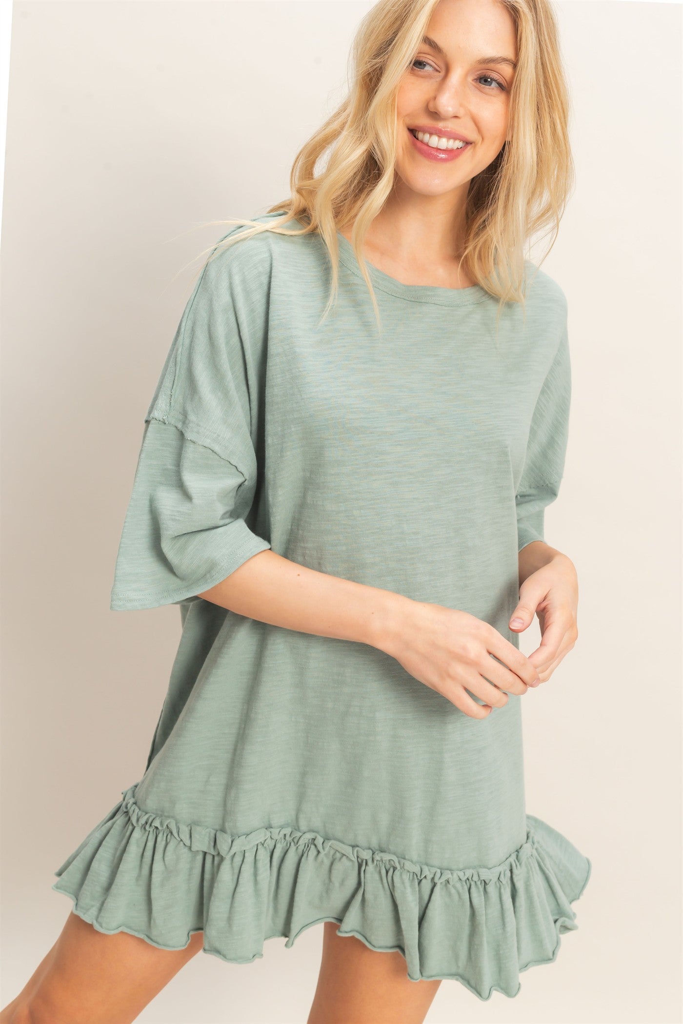 Wholesale Ruffled Hem Oversized Tunic Dresses HF26A785 SAGE HYFVE