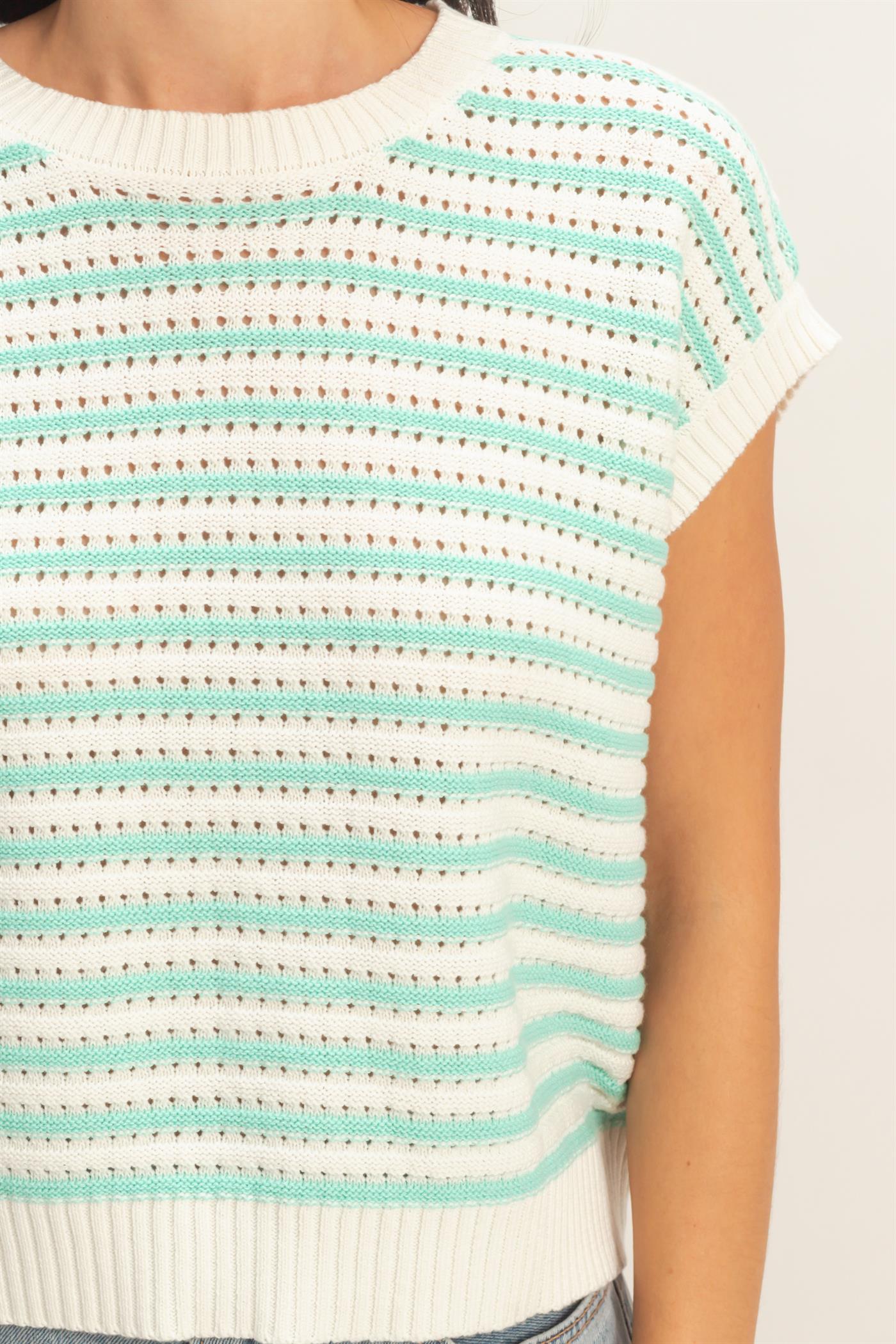 Wholesale Striped Sleeveless Crew Neck Top Sweaters DZ26A222 MINT DOUBLE ZERO