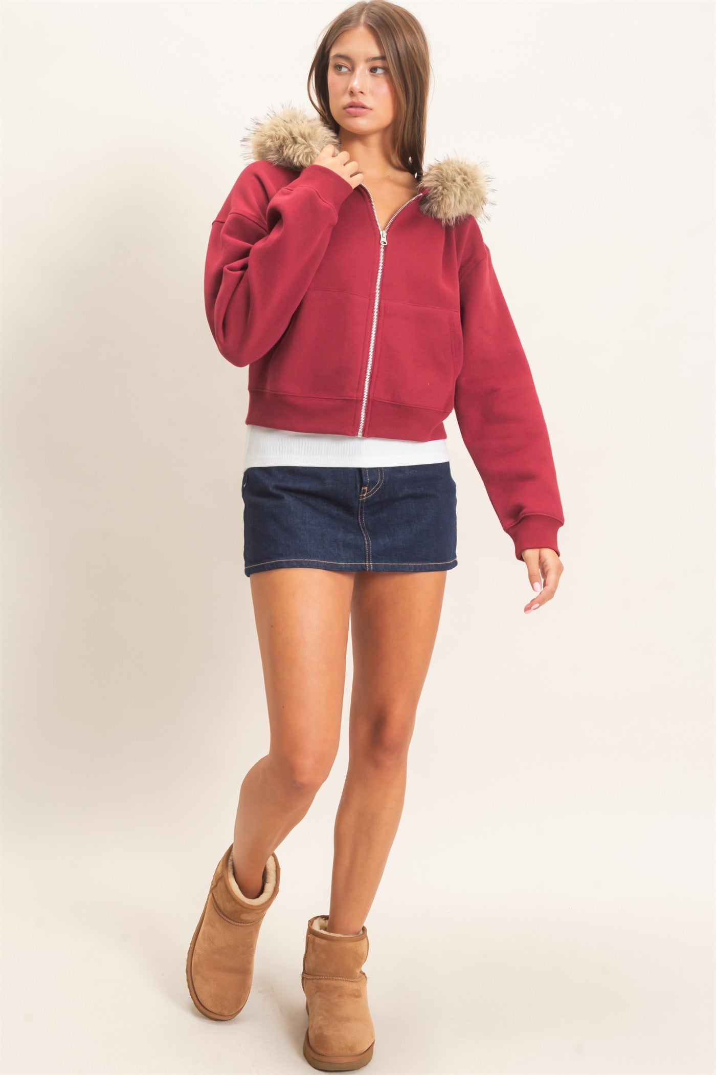 Wholesale Detachable Fur Zip Up Hoodie Hoodies DZ26F396 BURGUNDY DOUBLE ZERO