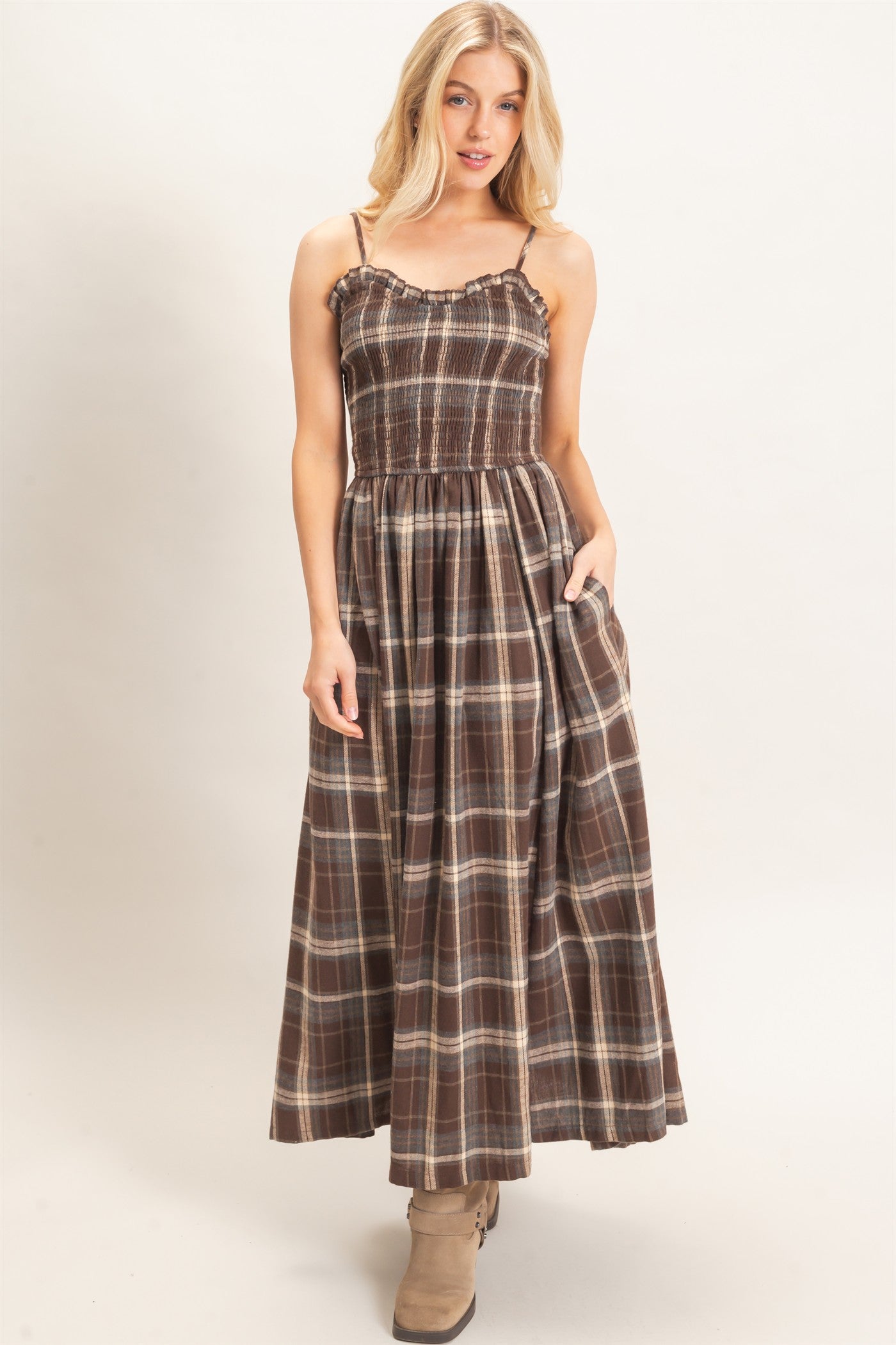 Wholesale Plaid Smocked Maxi Dress Dresses HF26C898 BROWN HYFVE