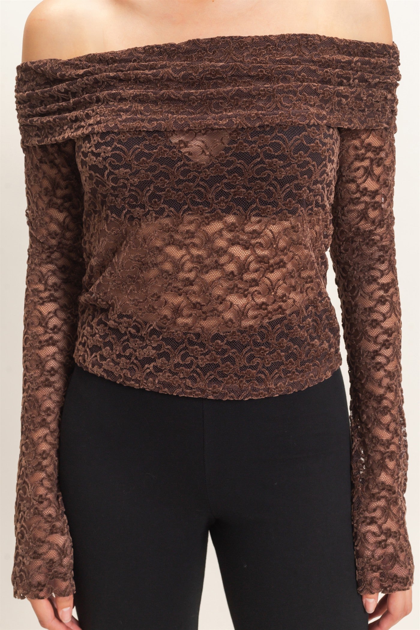 Wholesale Off-Shoulder Lace Top Clothing Tops HF26E407 CHOCOLATE HYFVE