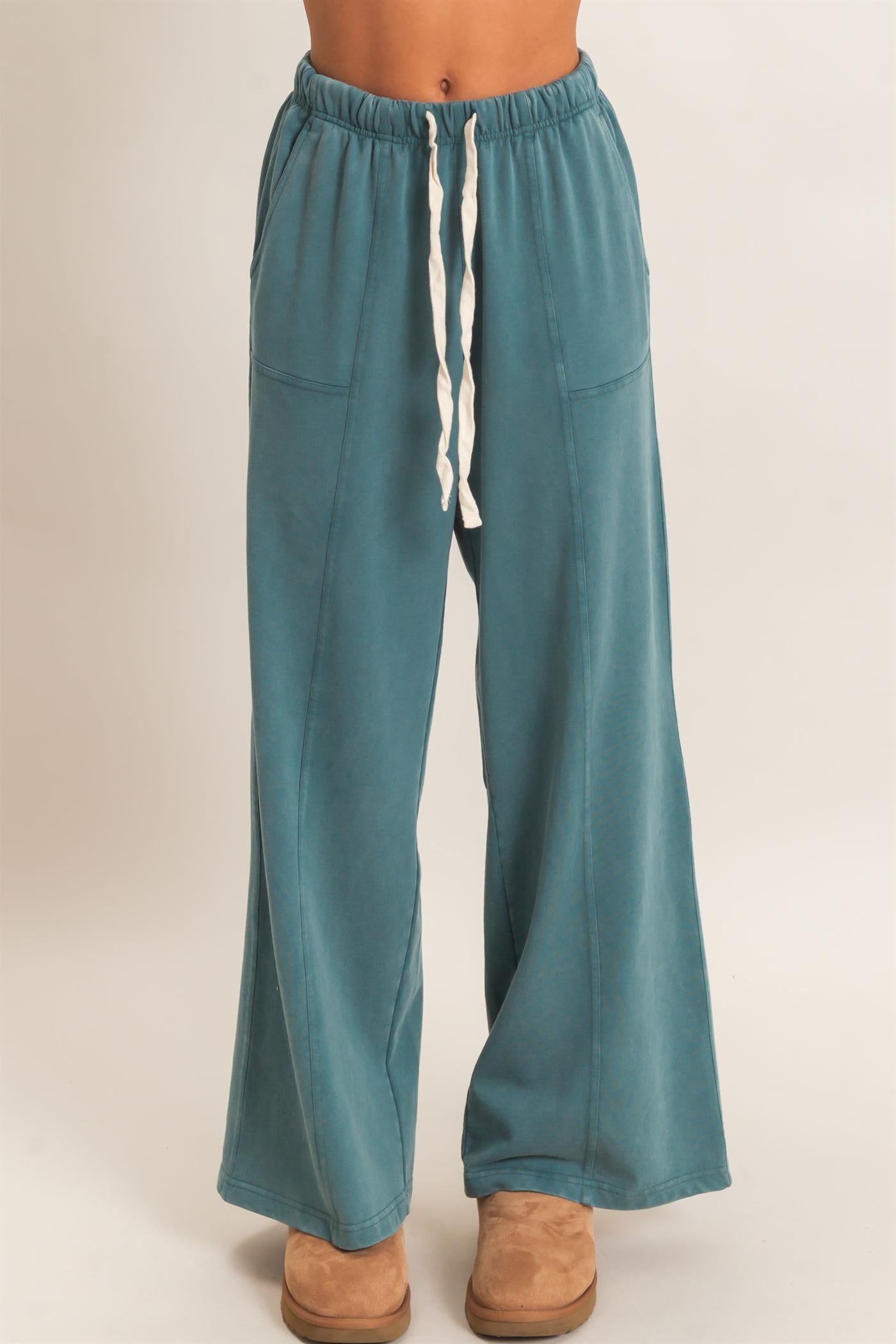 Wholesale Acid Wash Drawstring Waist Wide Leg Pants Pants DZ25A685 DARK TEAL DOUBLE ZERO