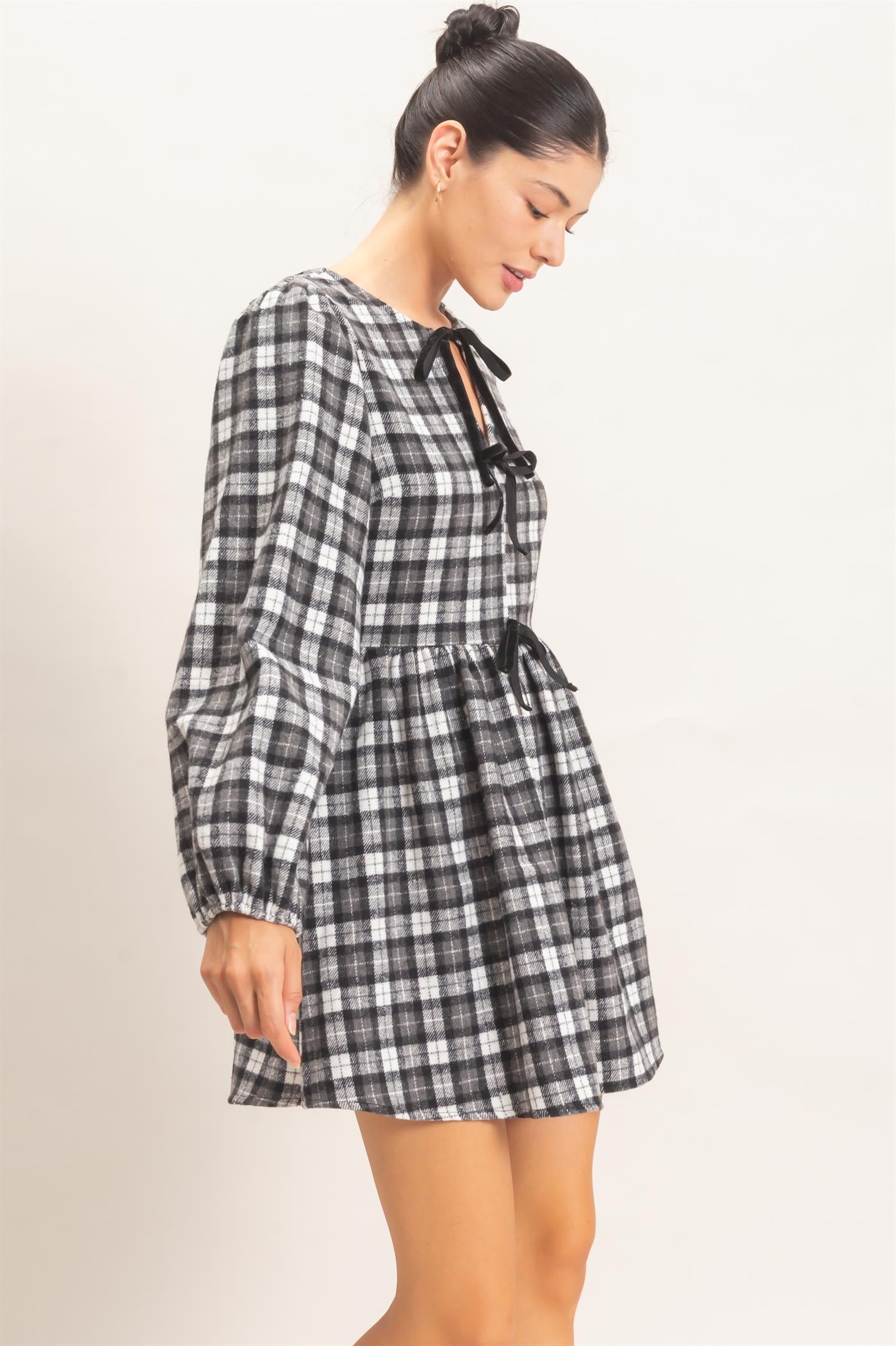 Wholesale Plaid Velvet Ribbon Tie Mini Dress Dresses HF26E965 BLACK HYFVE