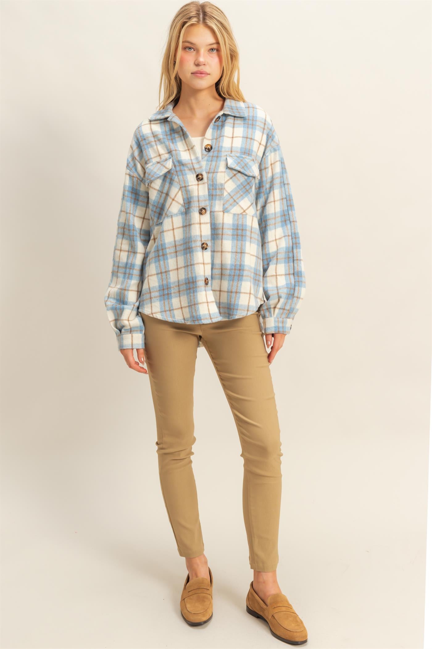 Wholesale Collared Plaid Shacket Shirts HF23G058 BLUE HYFVE