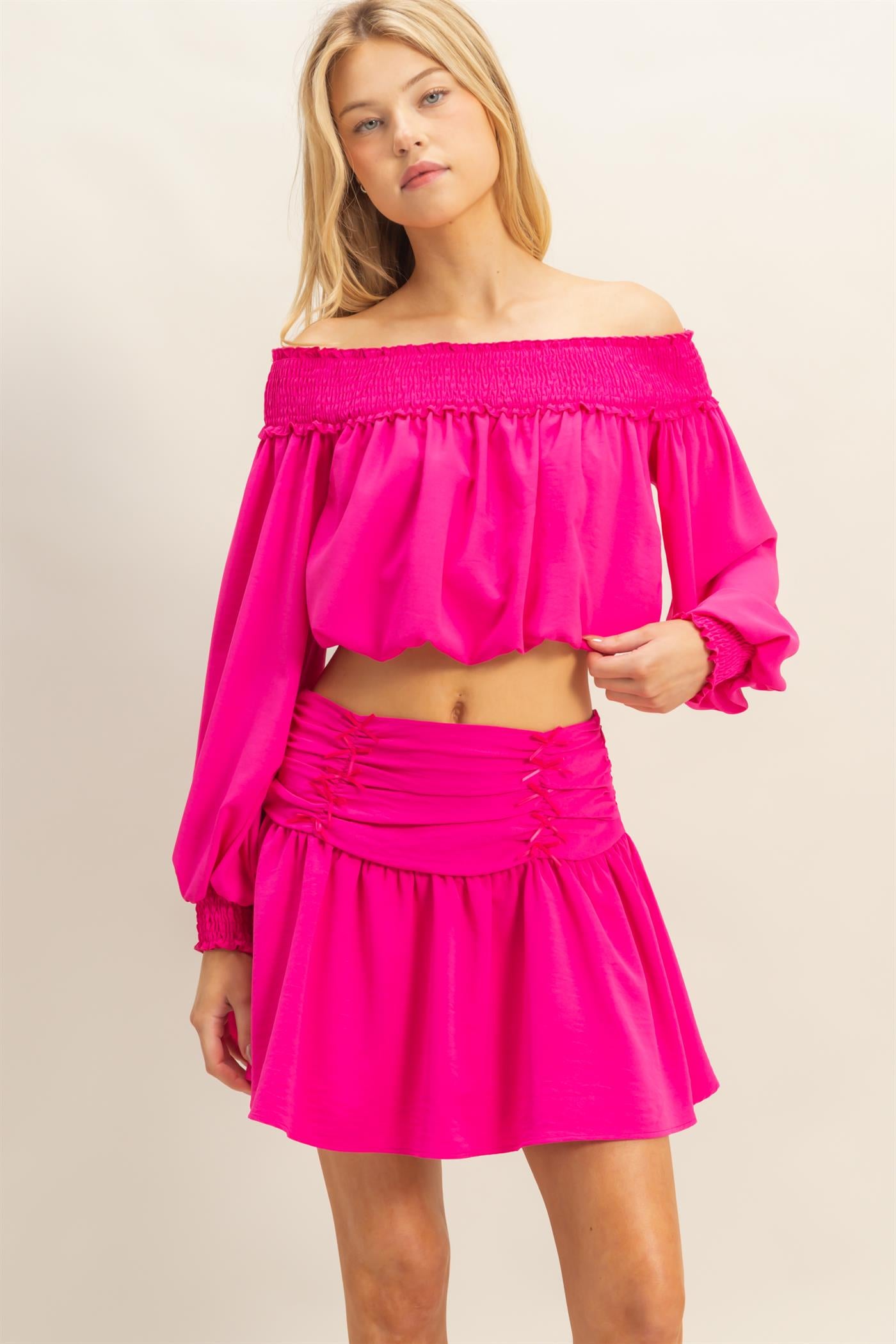 Wholesale Romantic Off Shoulder Top And Gathered Skirt Set Clothing HF25A243-SET FUCHSIA HYFVE