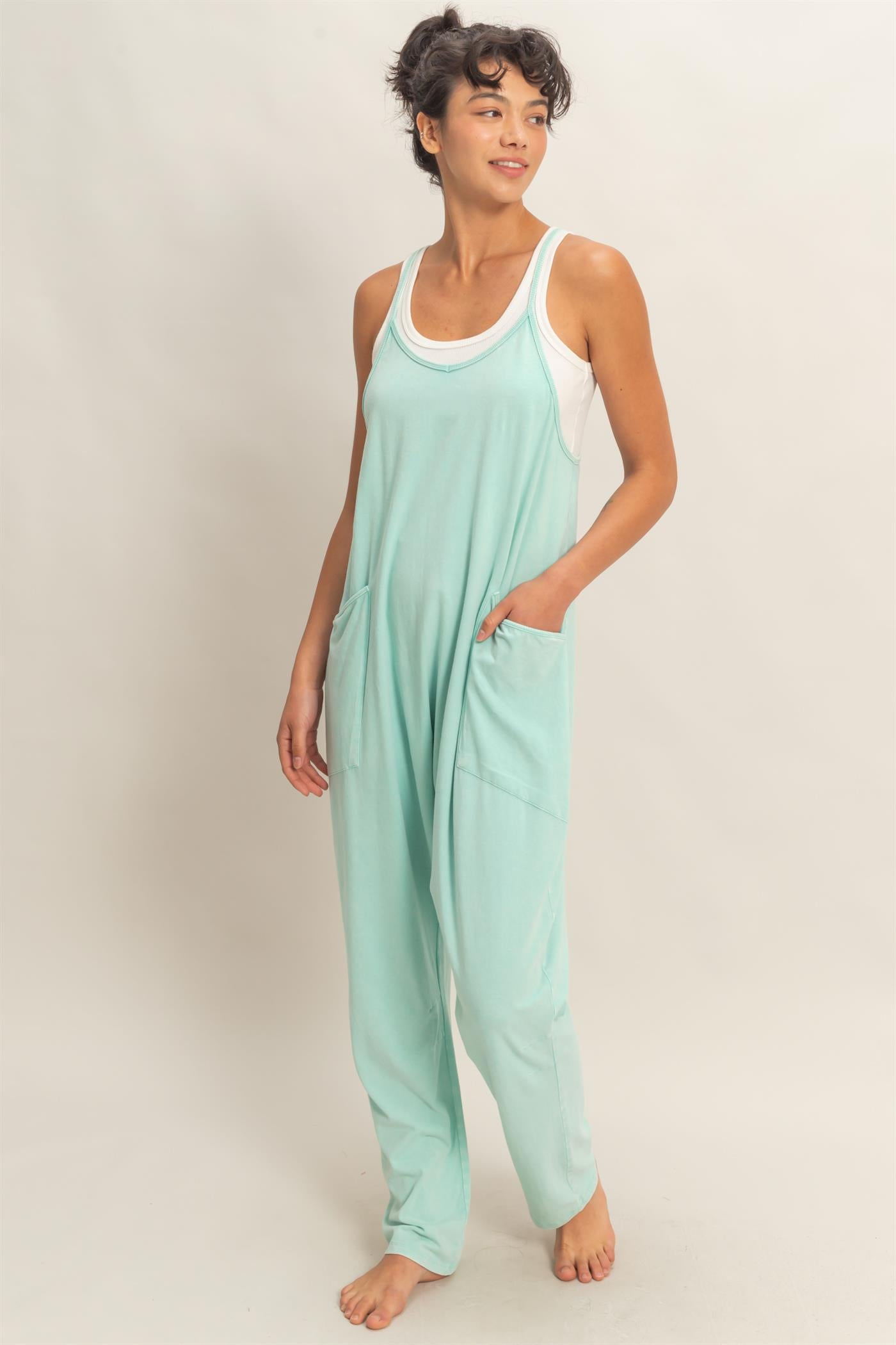 Wholesale Mineral Wash Spaghetti Strap Jumpsuit Clothing DZ26C375 TURQUOISE DOUBLE ZERO