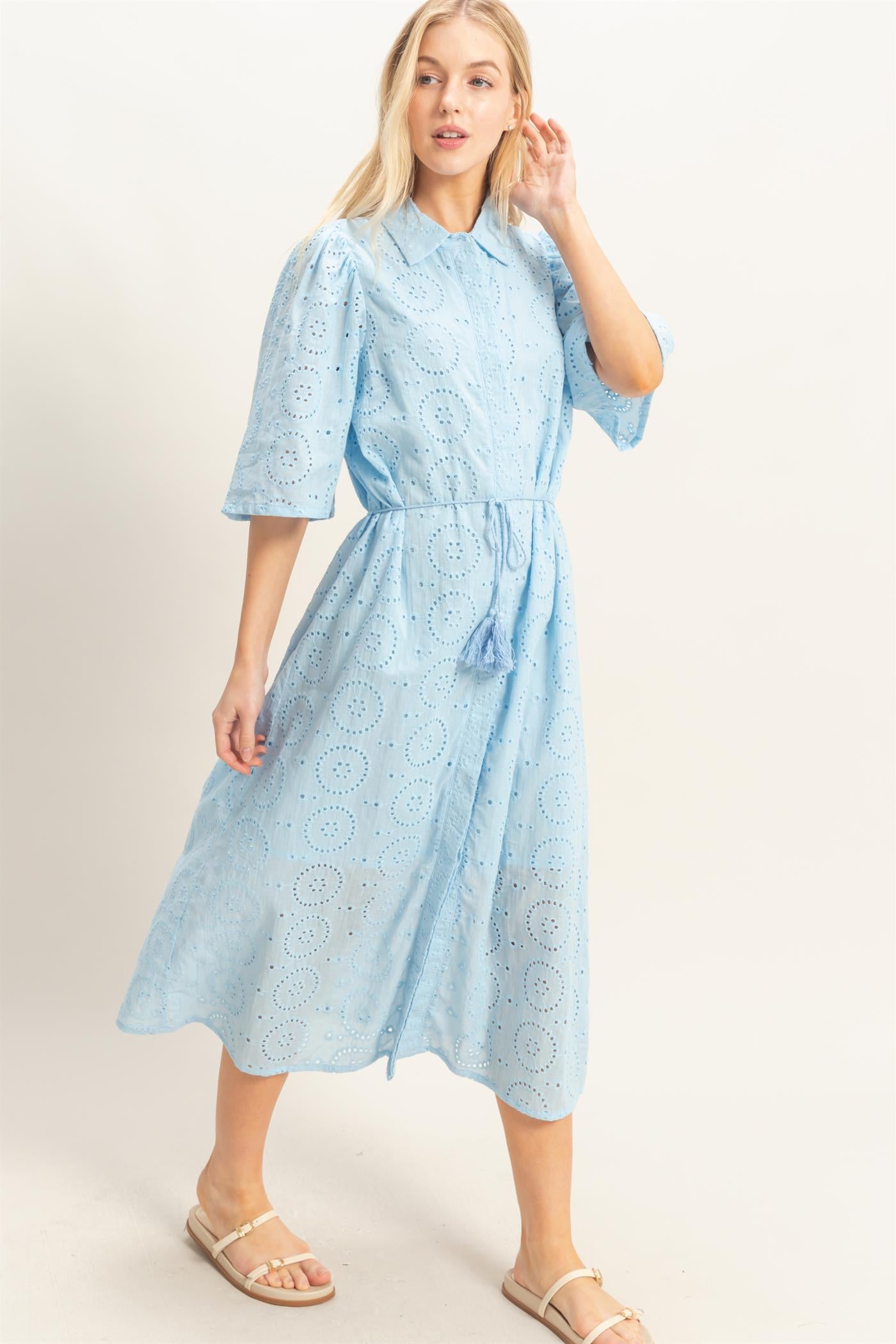 Wholesale Eyelet Collared Midi Dress Dresses HF26A021 L.BLUE HYFVE