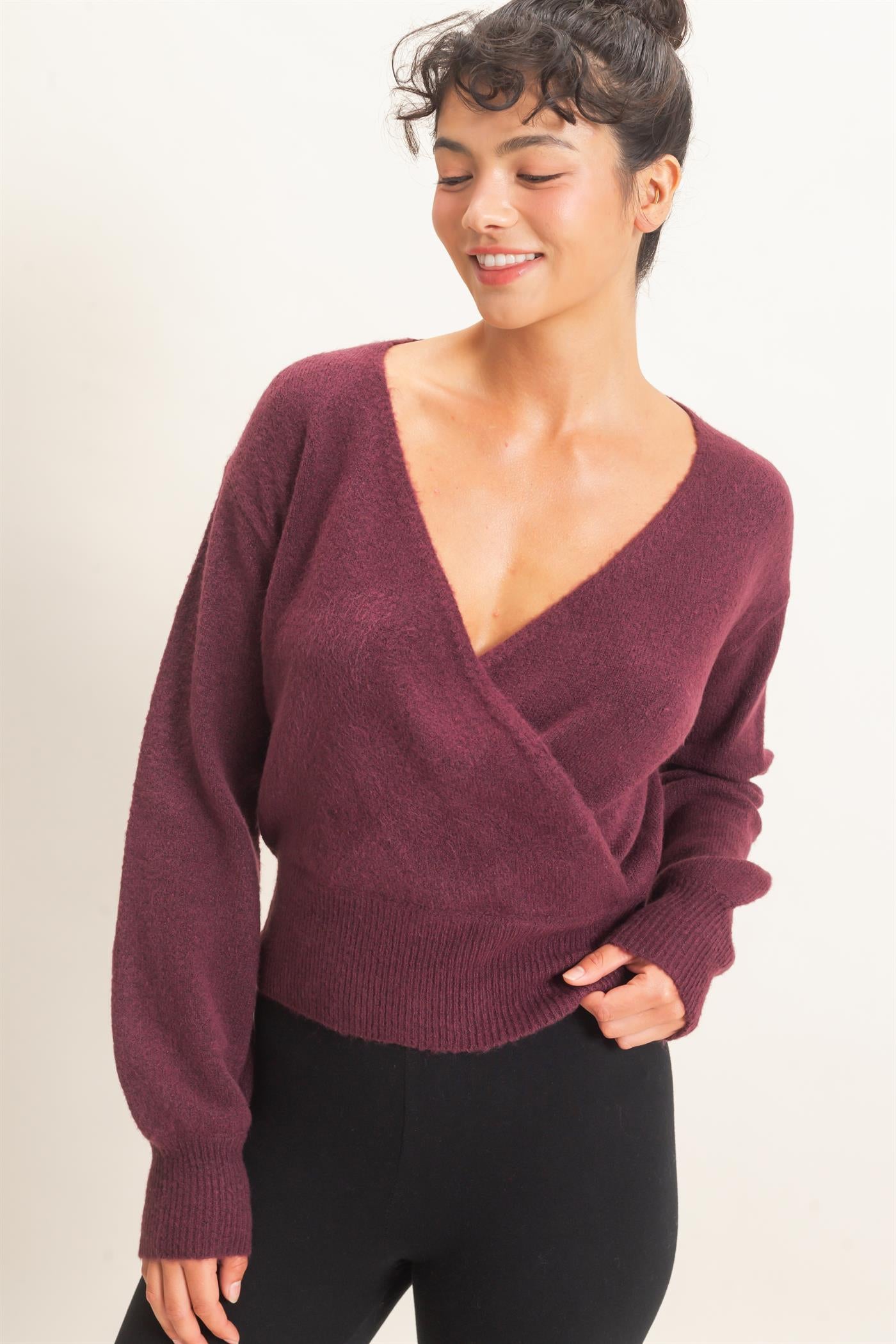 Wholesale Wrap V Neck Sweater Sweaters DZ26E948 DARK CHERRY DOUBLE ZERO