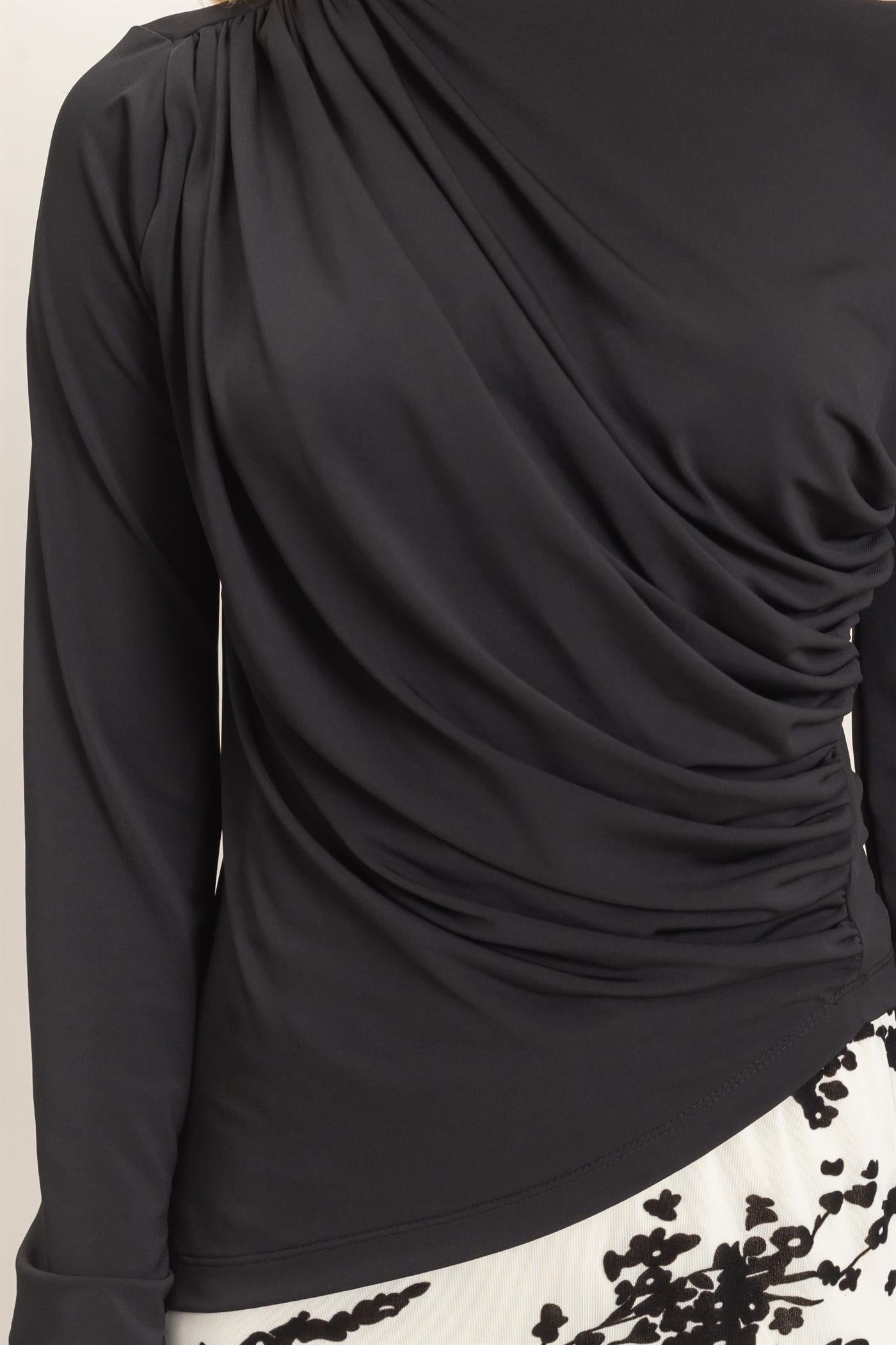 Wholesale Asymmetrical Ruched Long Sleeve Top Clothing Tops HF26C683 BLACK HYFVE