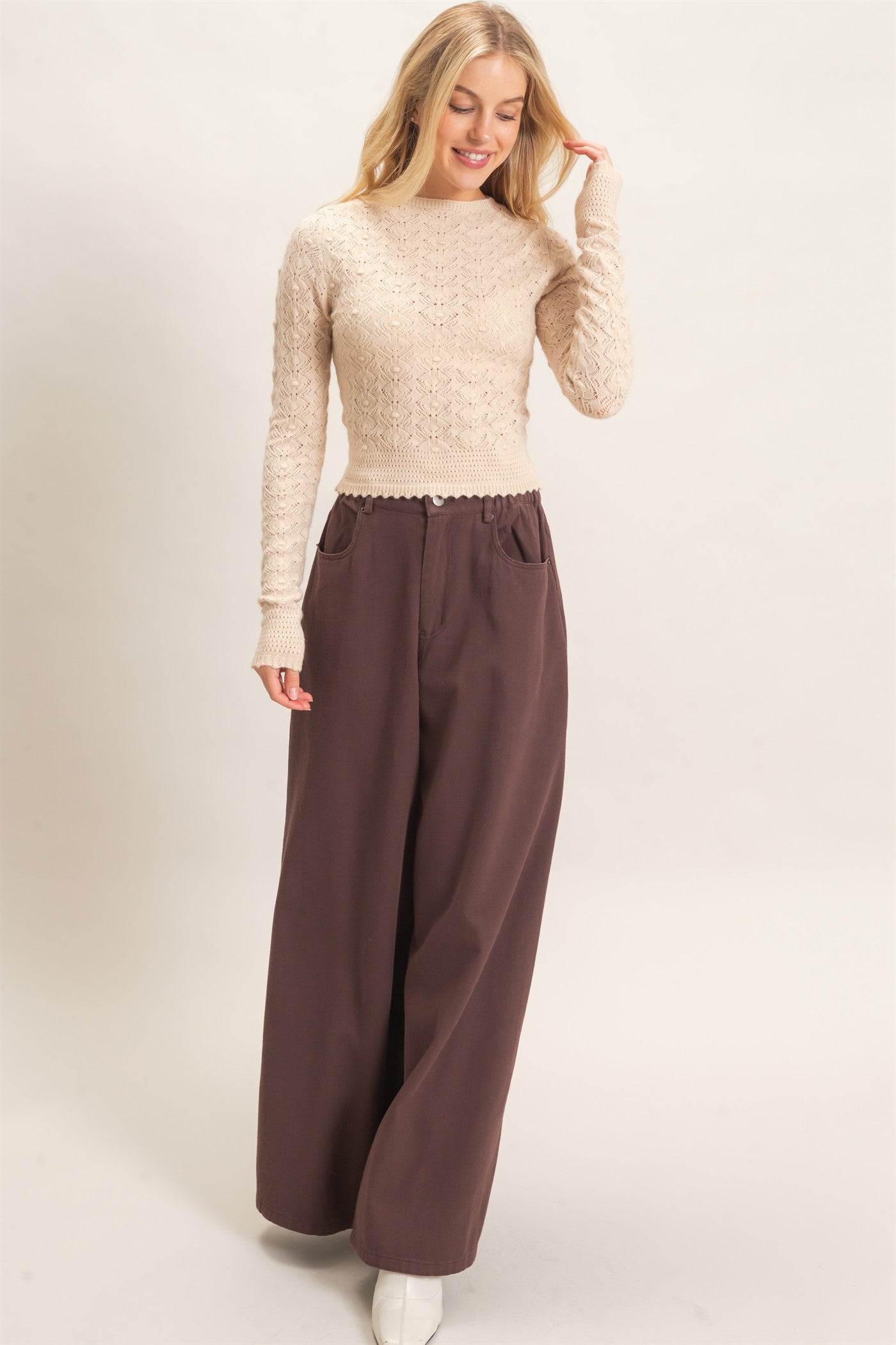 Wholesale Crochet Scalloped Hem Sweater Sweaters HF26F195 TAUPE HYFVE