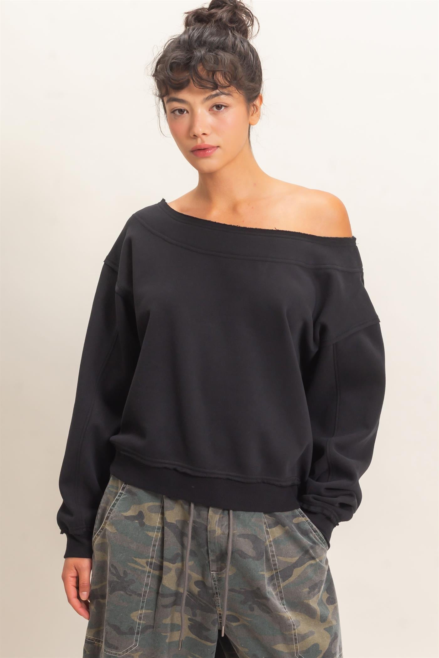 Wholesale Off Shoulder Sweatshirt Sweatshirts DZ26C880 BLACK DOUBLE ZERO