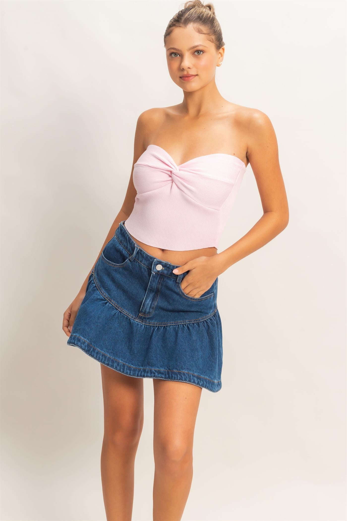 Wholesale Ribbed Knot Bustier Top Clothing Tops DZ26A308 SOFT PINK DOUBLE ZERO