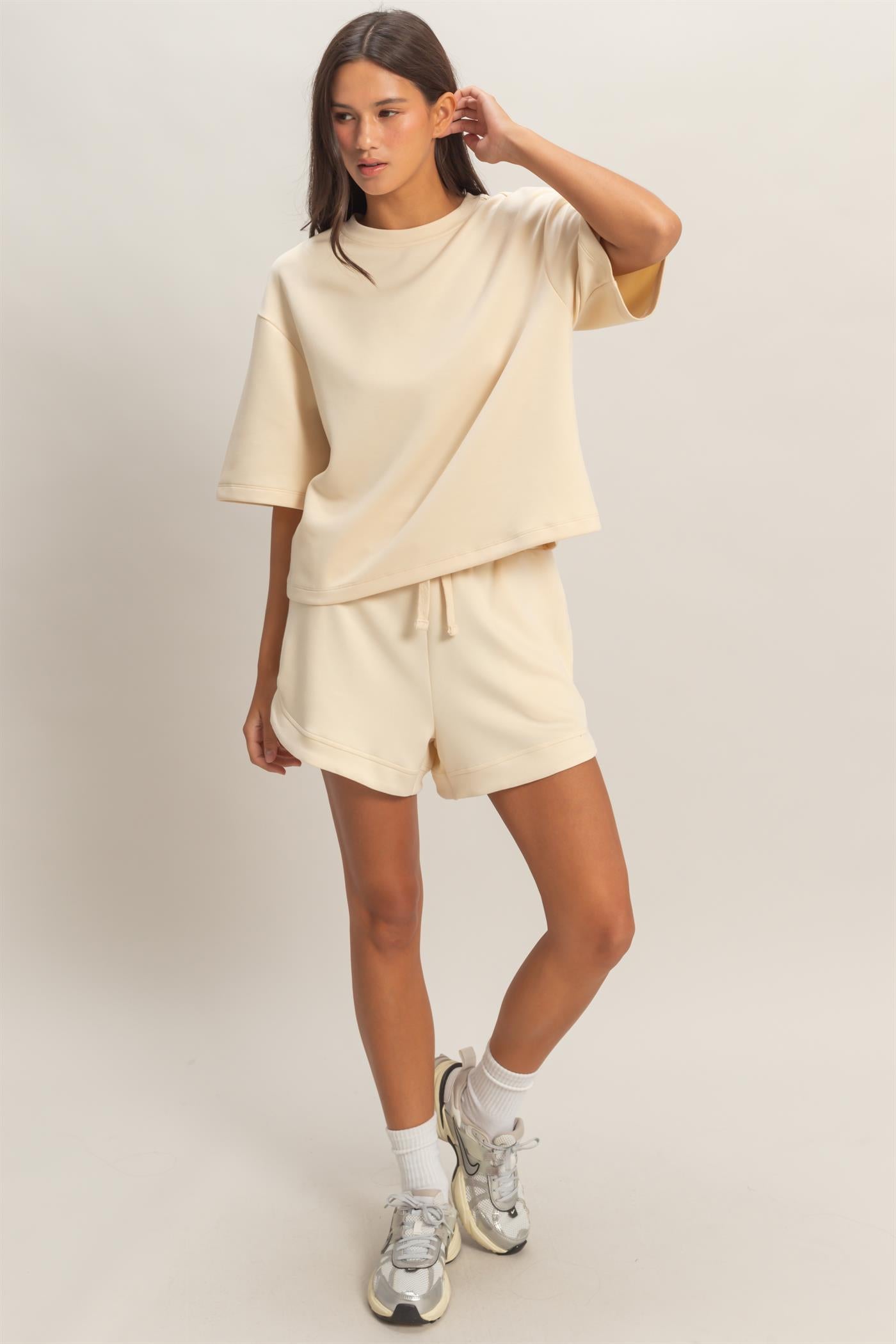 Wholesale Scuba Short Sleeve Boxy Top T-Shirts DZ26A271 ALPACA DOUBLE ZERO