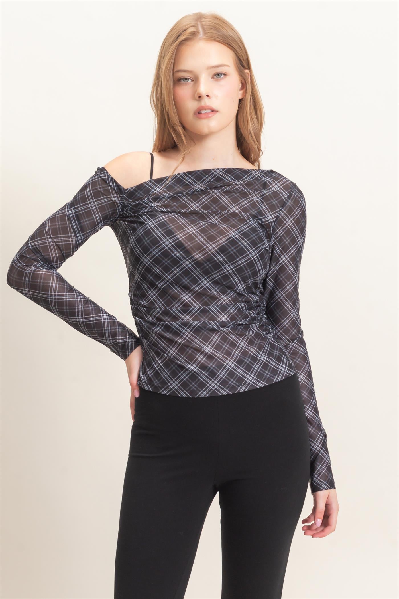 Wholesale Asymmetrical Plaid Off Shoulder Top Dresses HF26E710 BLACK HYFVE