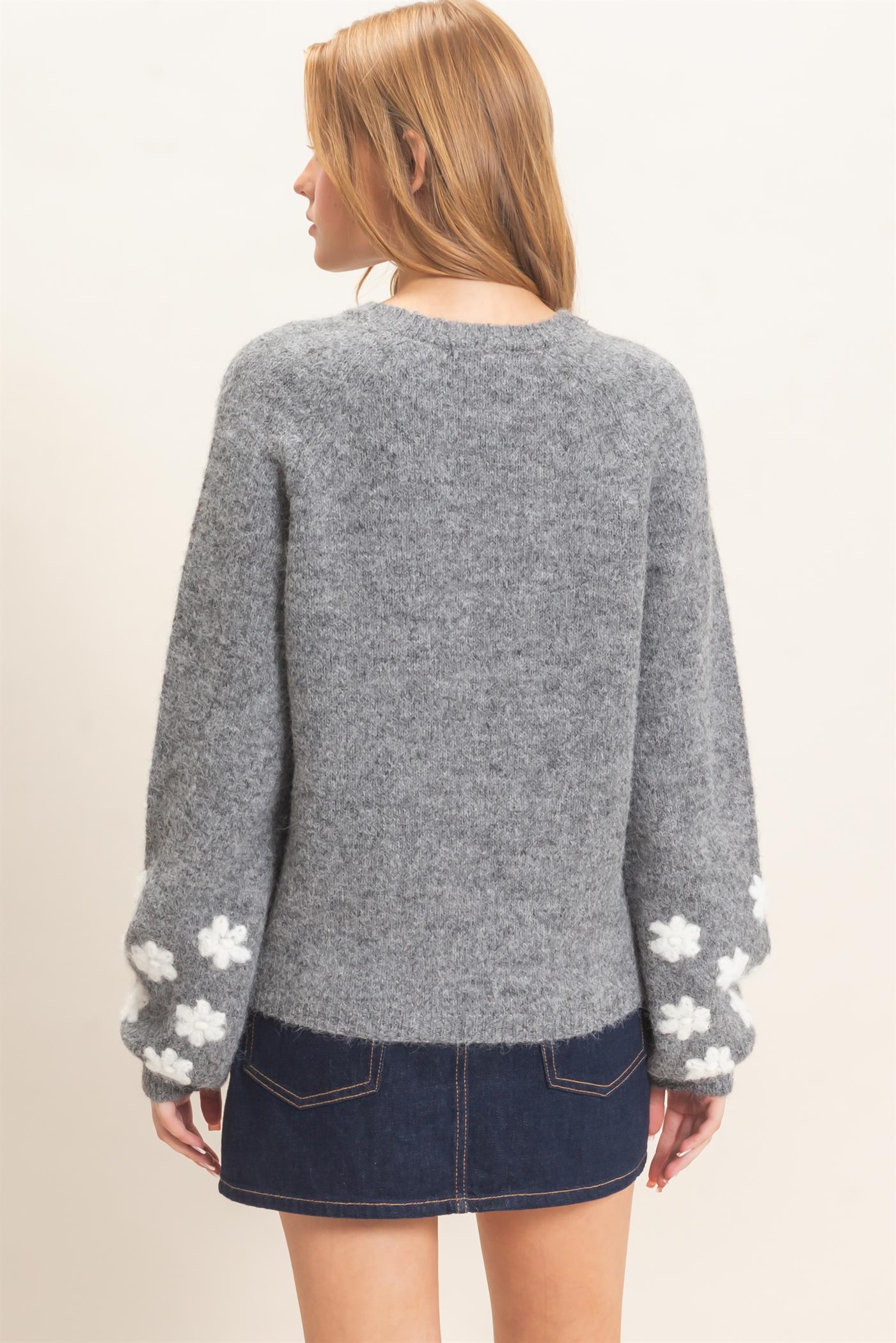 Wholesale Floral Applique Raglan Sleeve Sweater Sweaters HF26E808 GRAY HYFVE