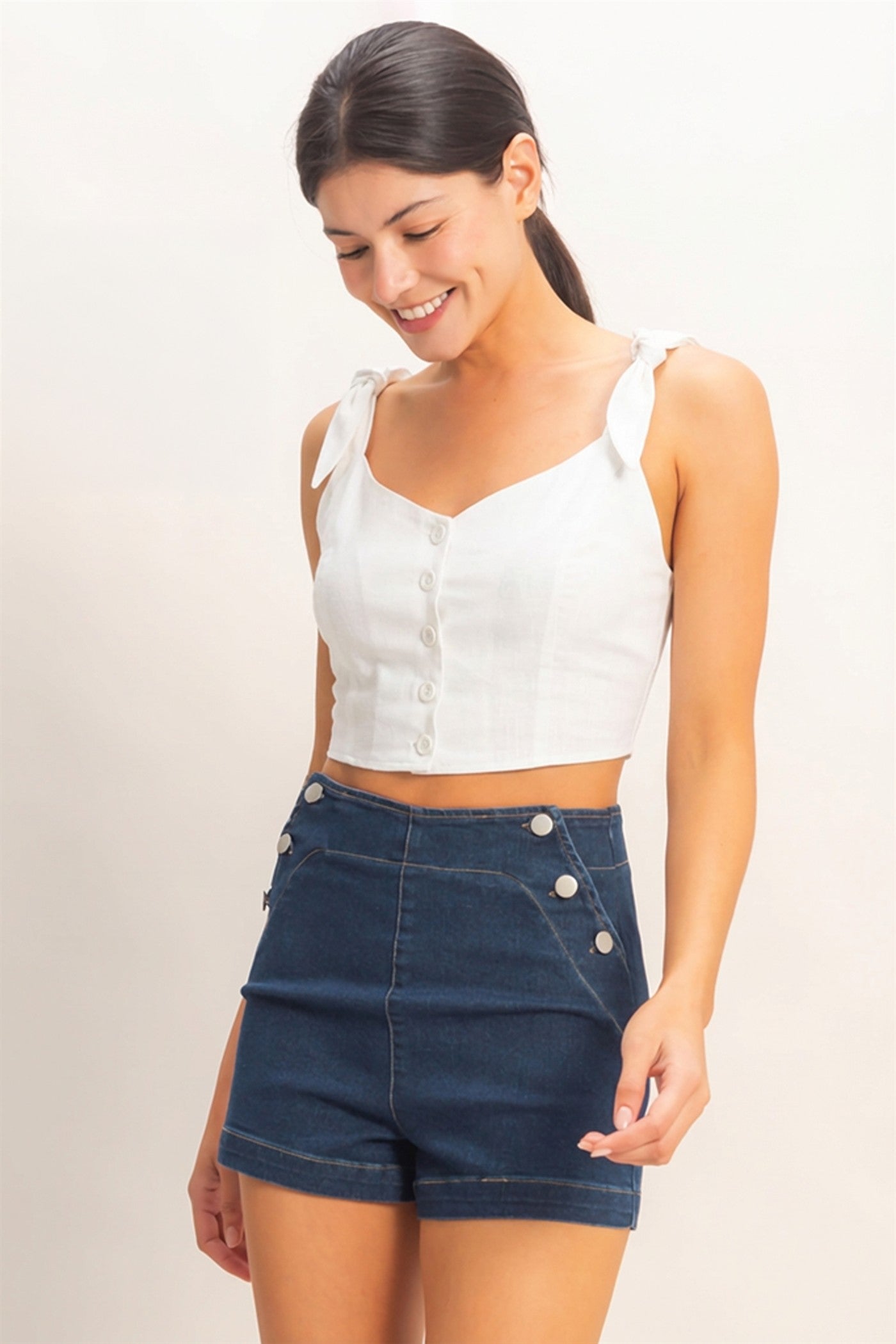 Wholesale Button-Up Tie Strap Crop Top Clothing Tops HF26A445 OFF WHITE HYFVE