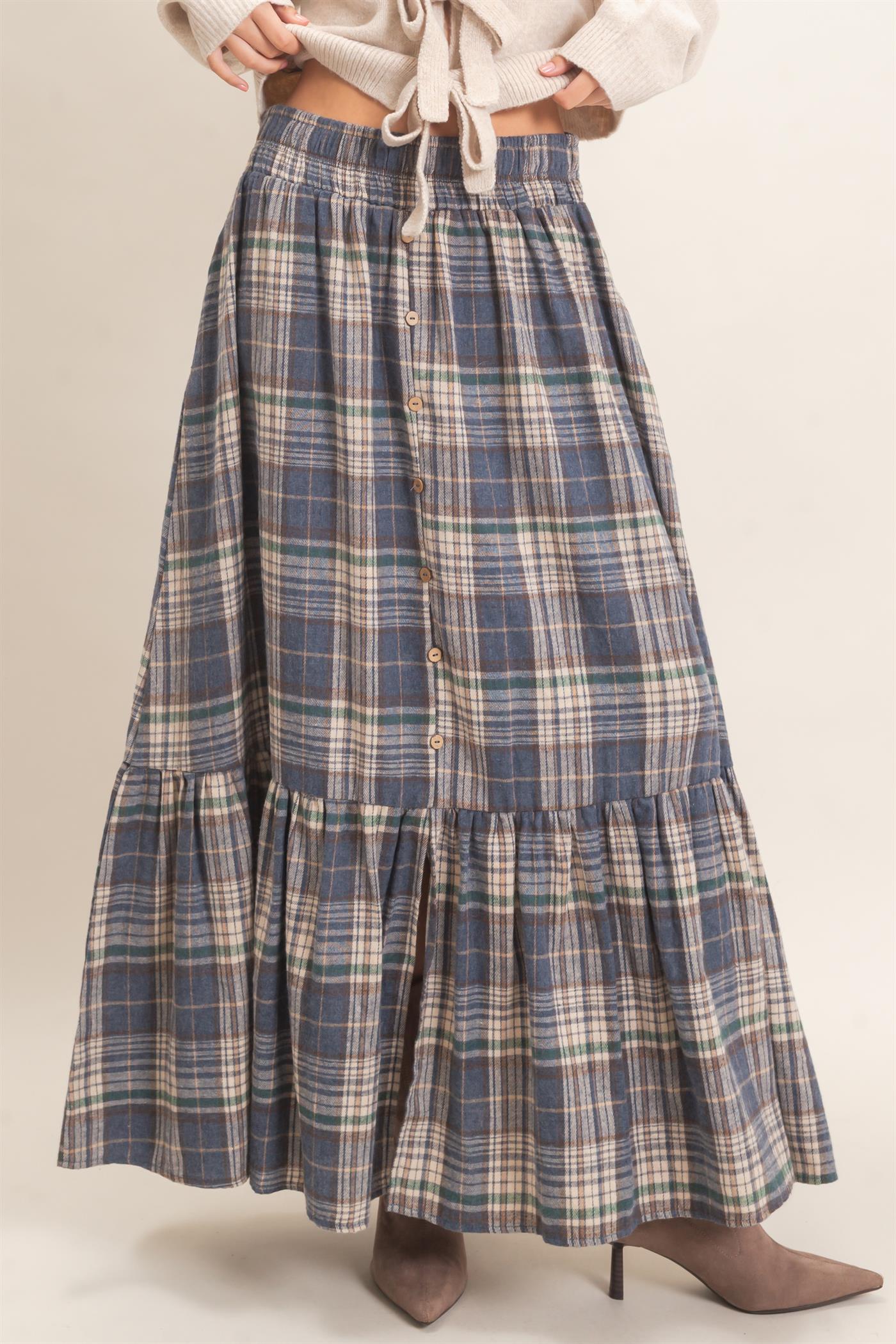 Wholesale Plaid Tiered Ruffle Skirt Skirts HF26E173 BLUE HYFVE