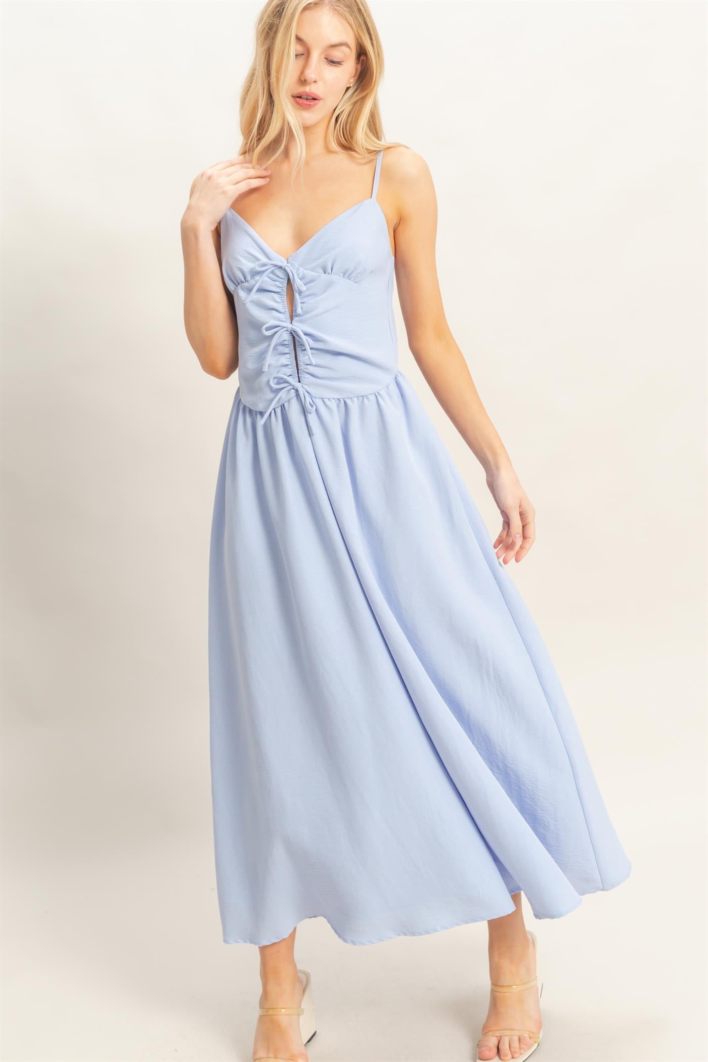 Wholesale Spaghetti Strap Ruched Dress Dresses HF26A011 L.BLUE HYFVE