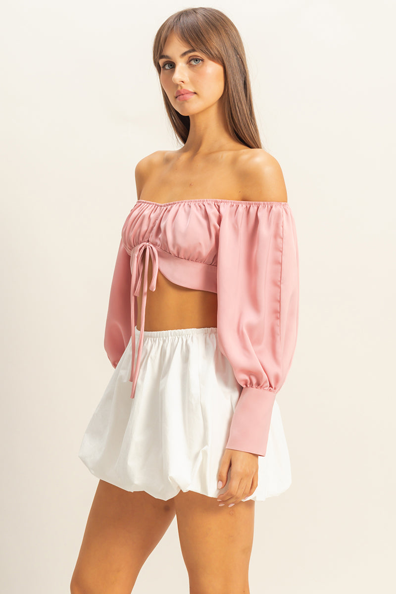 Wholesale Off The Shoulder Satin Crop Top Clothing Tops FS22E582 MAUVE HYFVE