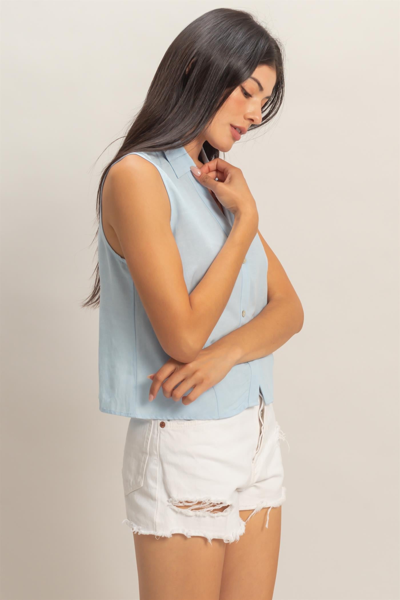 Wholesale Sleeveless Lyocell Linen Button Front Top Clothing Tops DZ26C189 ICE BLUE DOUBLE ZERO