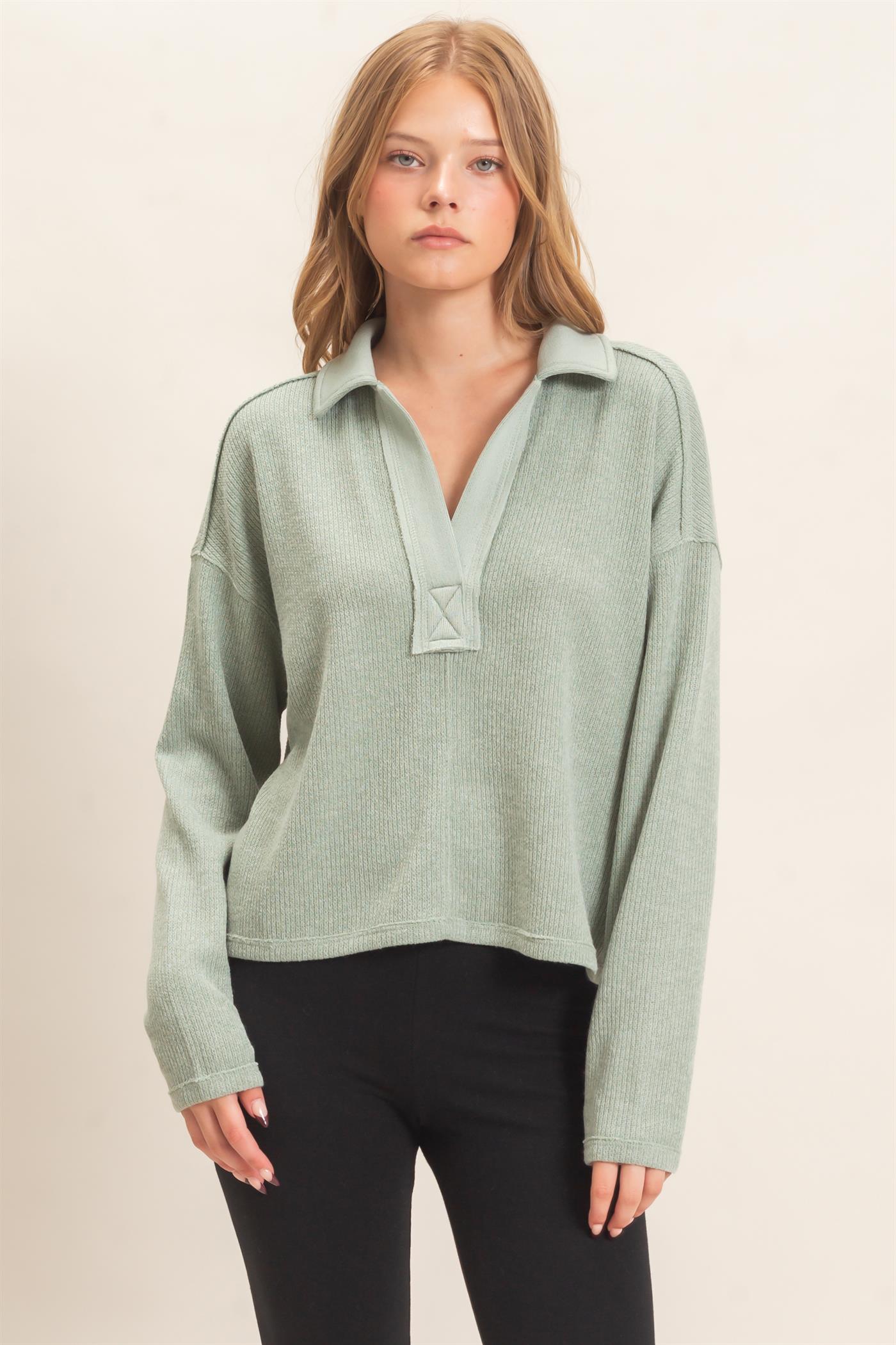 Wholesale Ribbed Collared Pullover Top Clothing Tops HF26E472 SAGE HYFVE