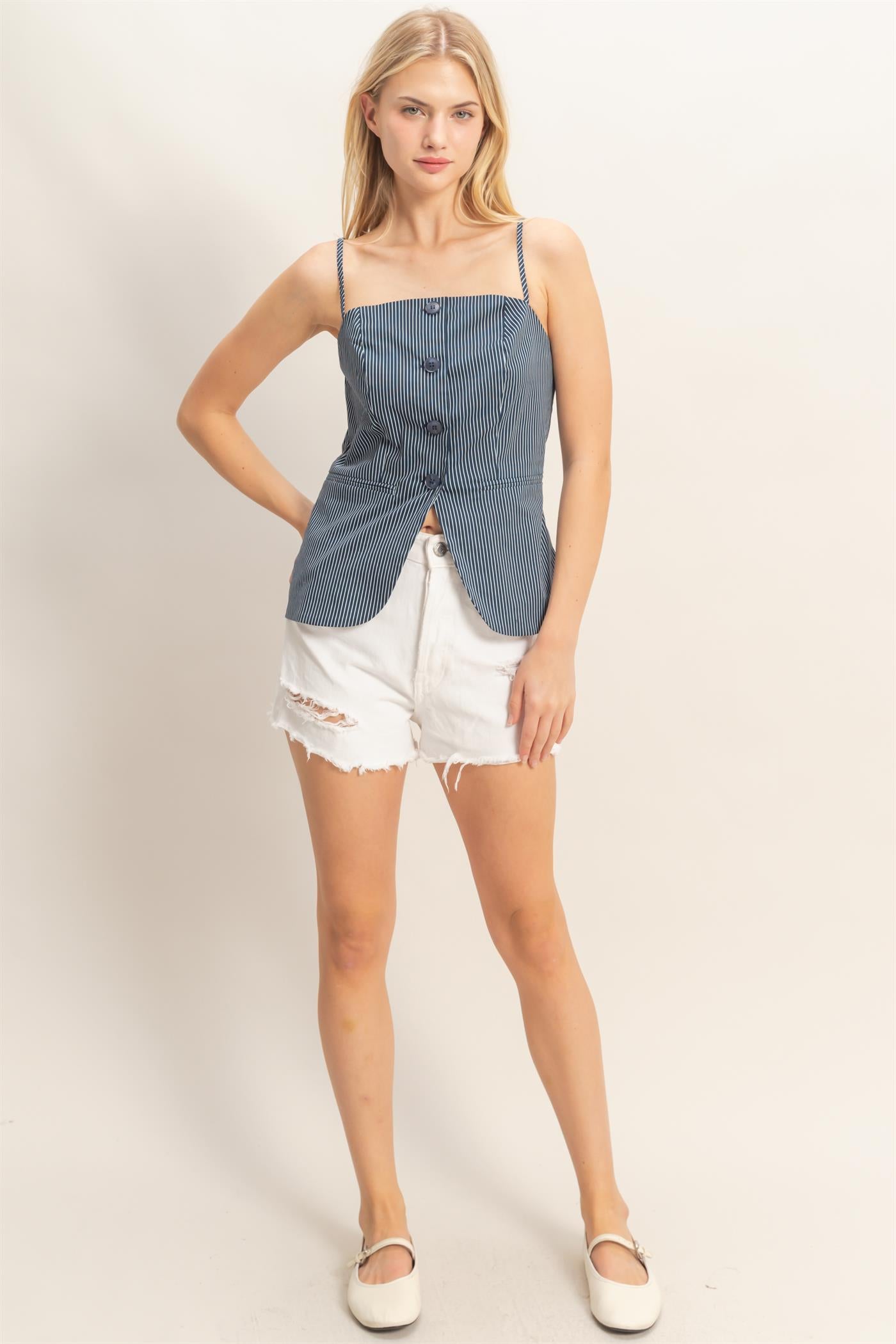 Wholesale Pinstripe Button Front Camisole Tank Tops HF25E715 NAVY HYFVE