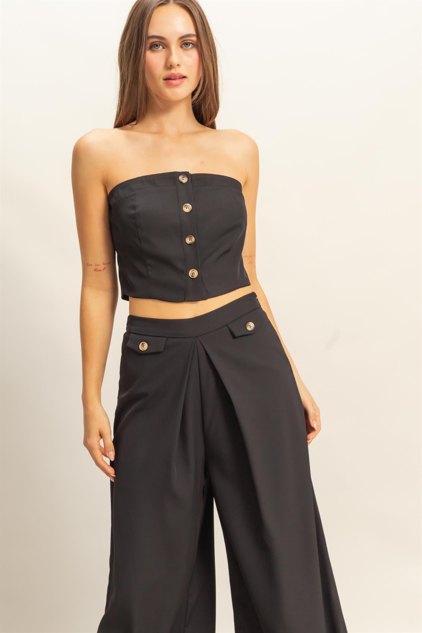 Wholesale Strapless Buttoned Top And Pants Set Clothing HF25E017-SET BLACK HYFVE