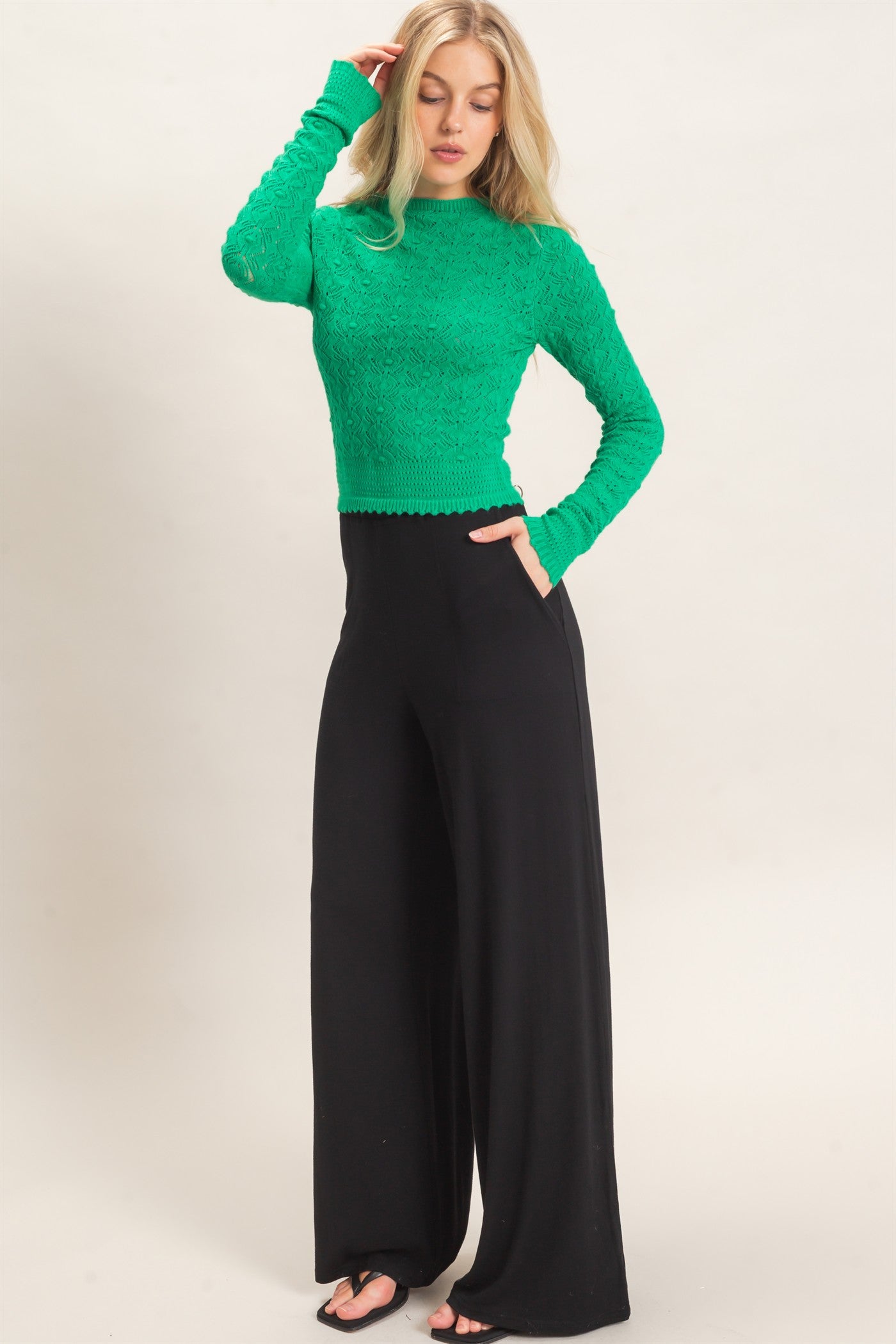 Wholesale Crochet Scalloped Hem Sweater Sweaters HF26F195 GREEN HYFVE