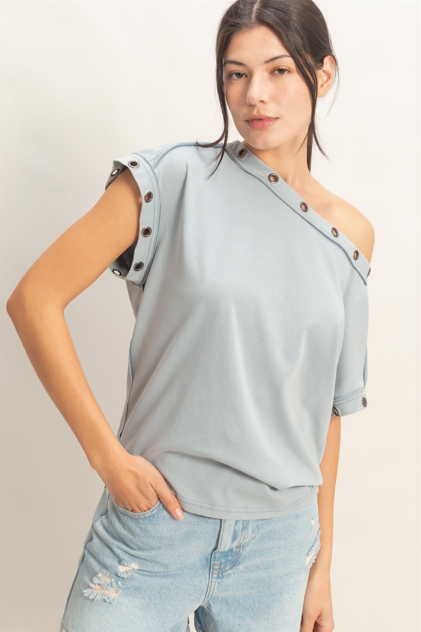 Wholesale Off Shoulder Top With Eyelets T-Shirts HF26E794 MISTY BLUE HYFVE