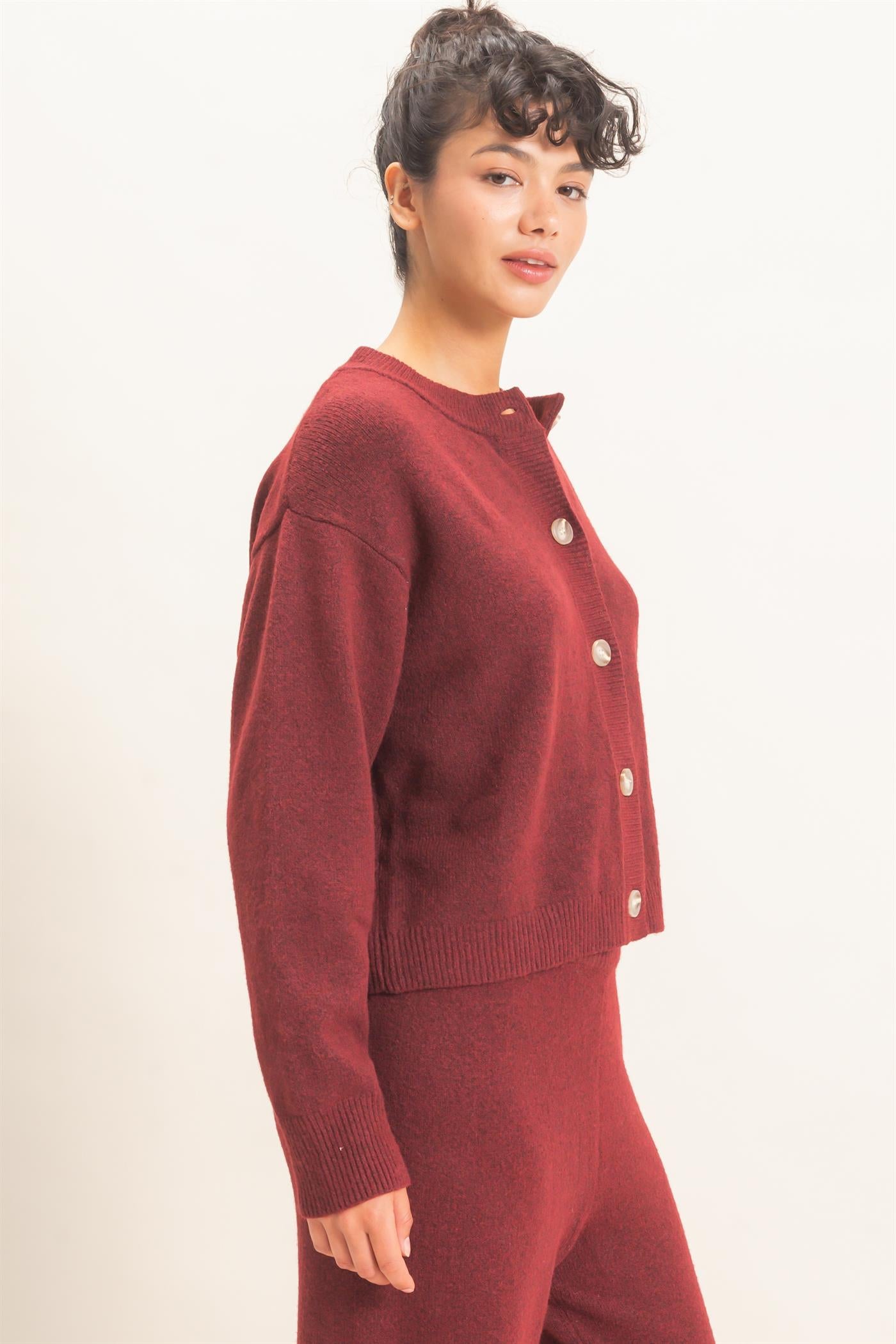 Wholesale Crew Neck Button Front Cardigan Cardigans DZ26E639 BURGUNDY DOUBLE ZERO