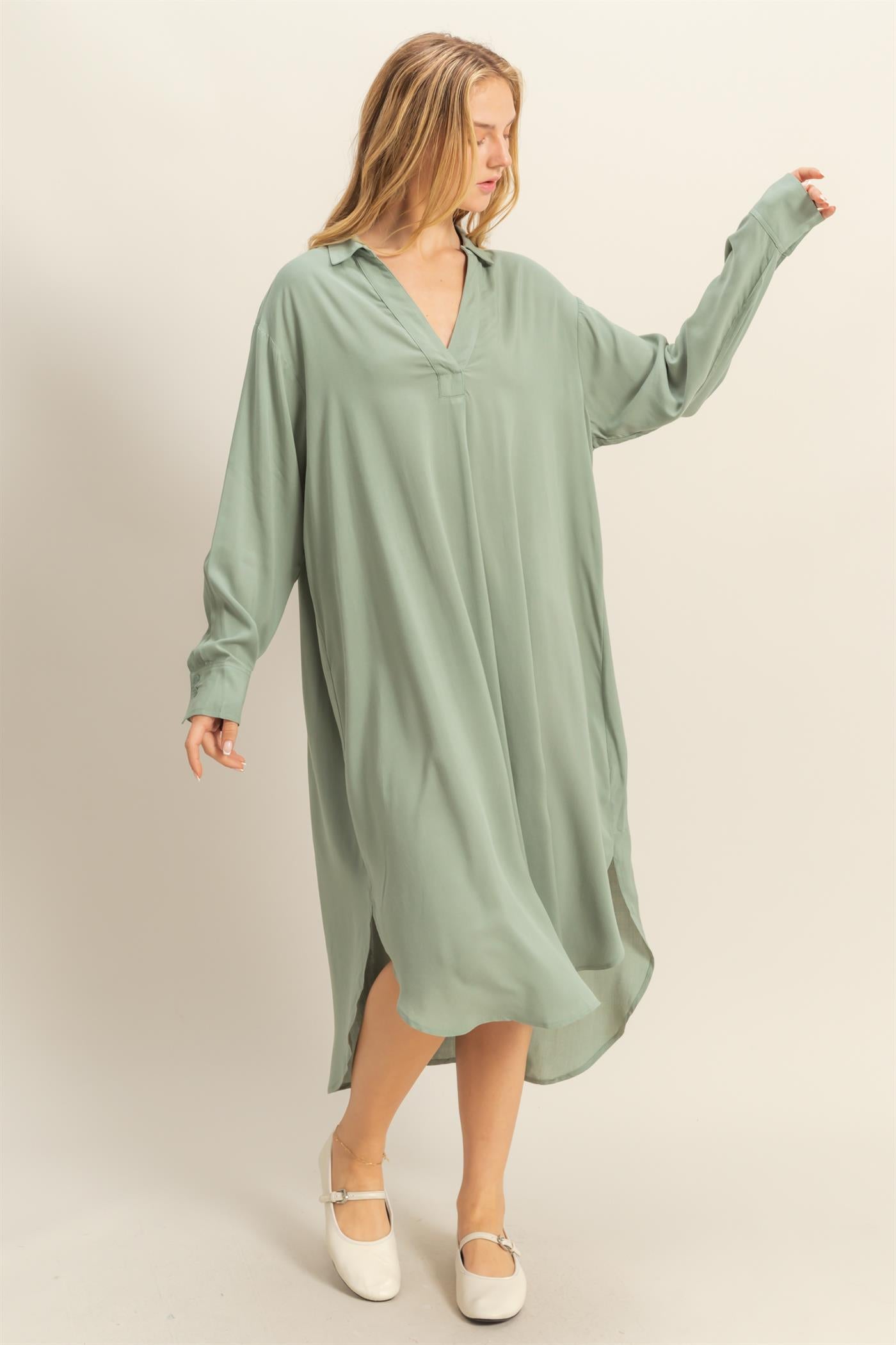 Wholesale V-Neck Long Sleeved Midi Shirts Dress Dresses DZ24E706 SAGE GREEN DOUBLE ZERO