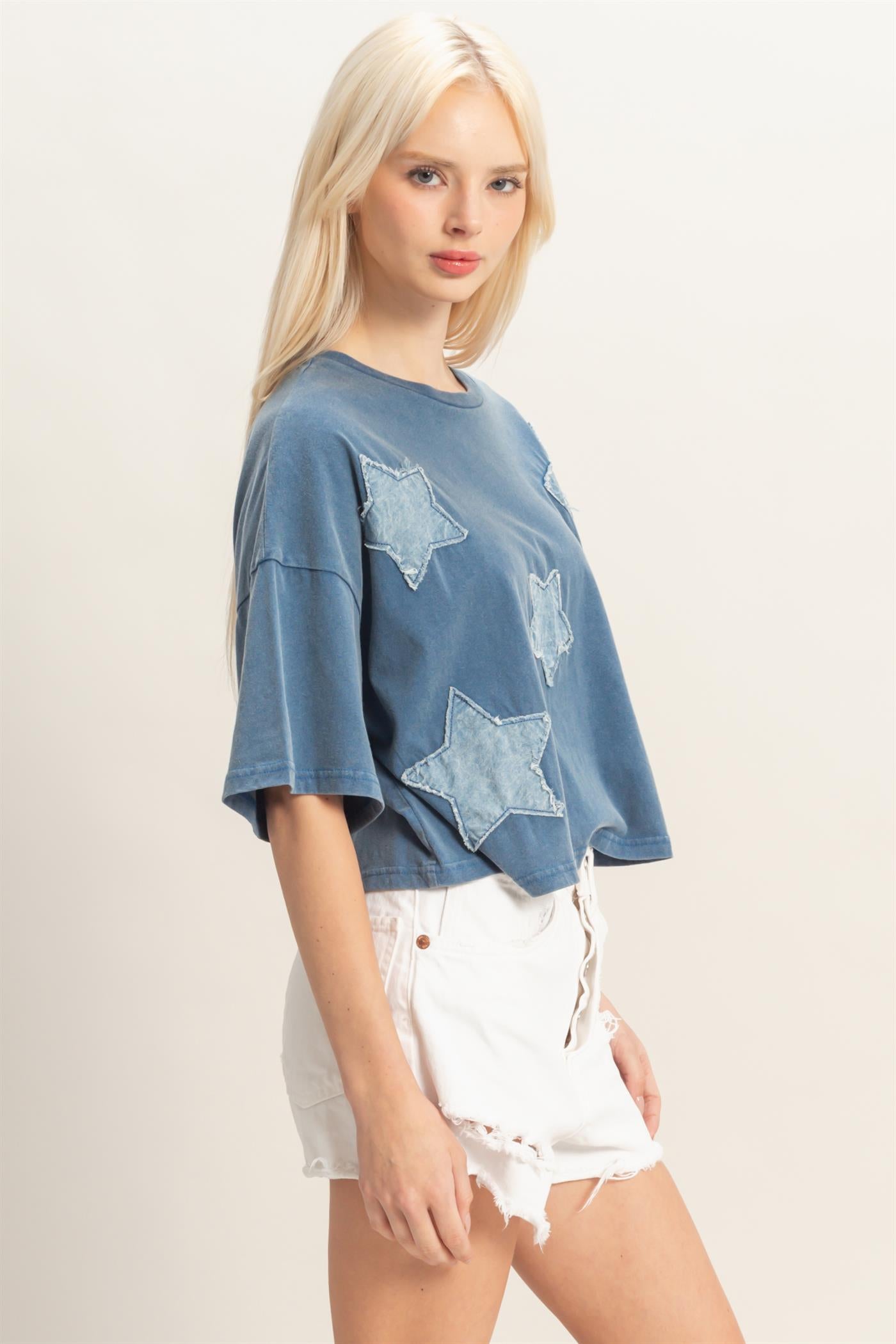 Wholesale Raw Edge Star Patch Top Clothing Tops DZ26C616 NAVY DOUBLE ZERO