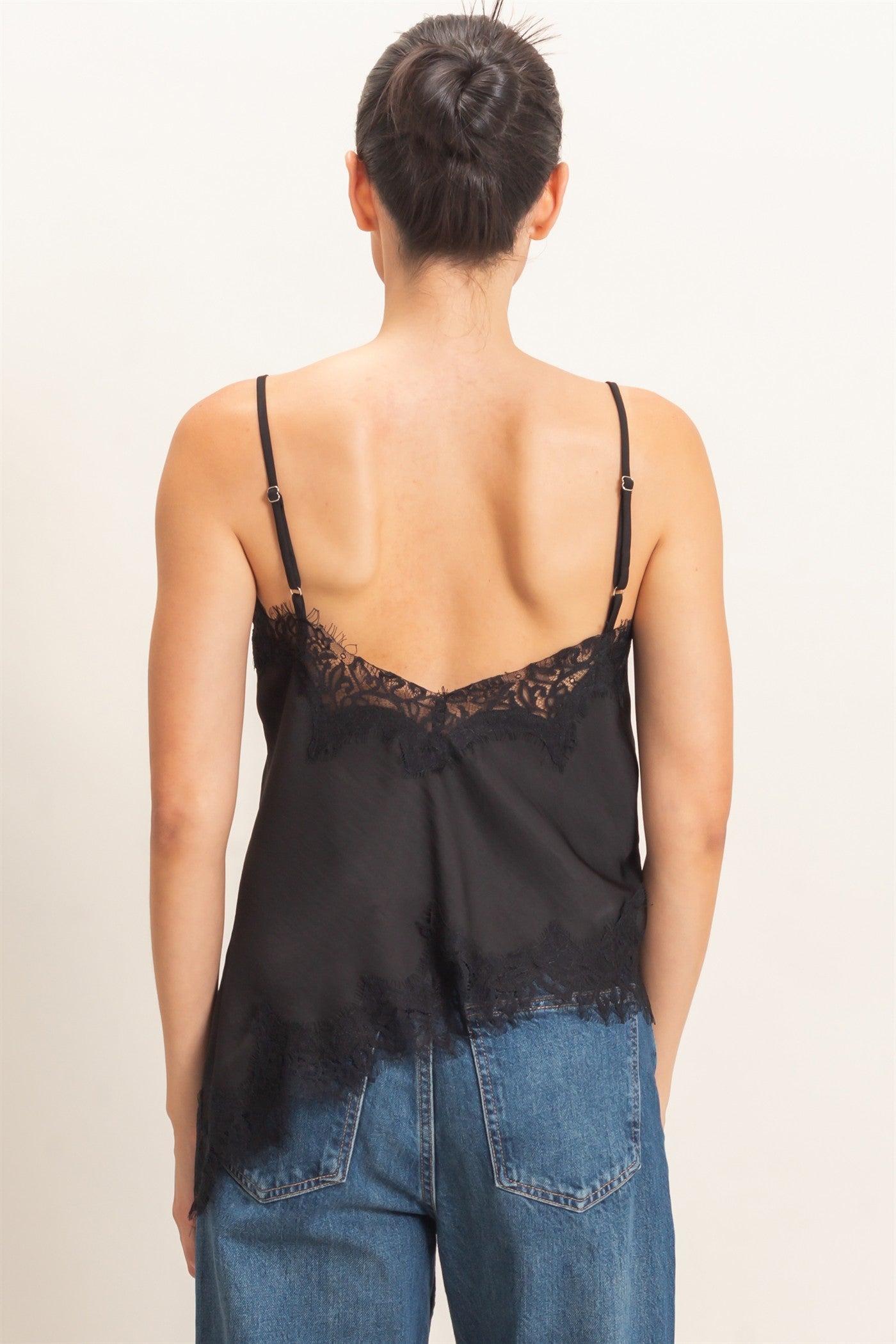 Wholesale Asymmetrical Satin Lace Top Camisoles HF26C945-D BLACK HYFVE