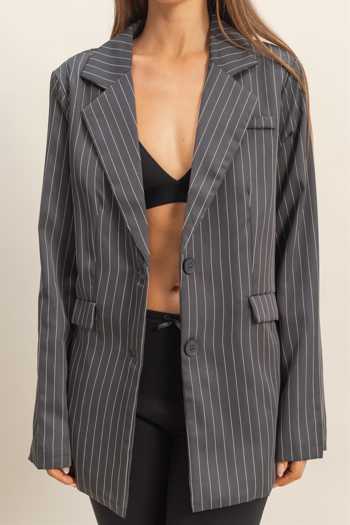 Wholesale Pin Stripe Oversized Blazer Coats & Jackets HF24A247 CHARCOAL HYFVE
