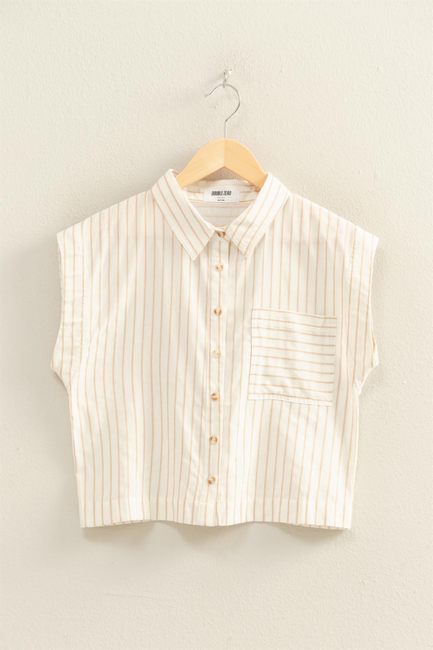 Wholesale Striped Sleeveless Button-Up Shirt Clothing Tops DZ26A206 TAUPE DOUBLE ZERO