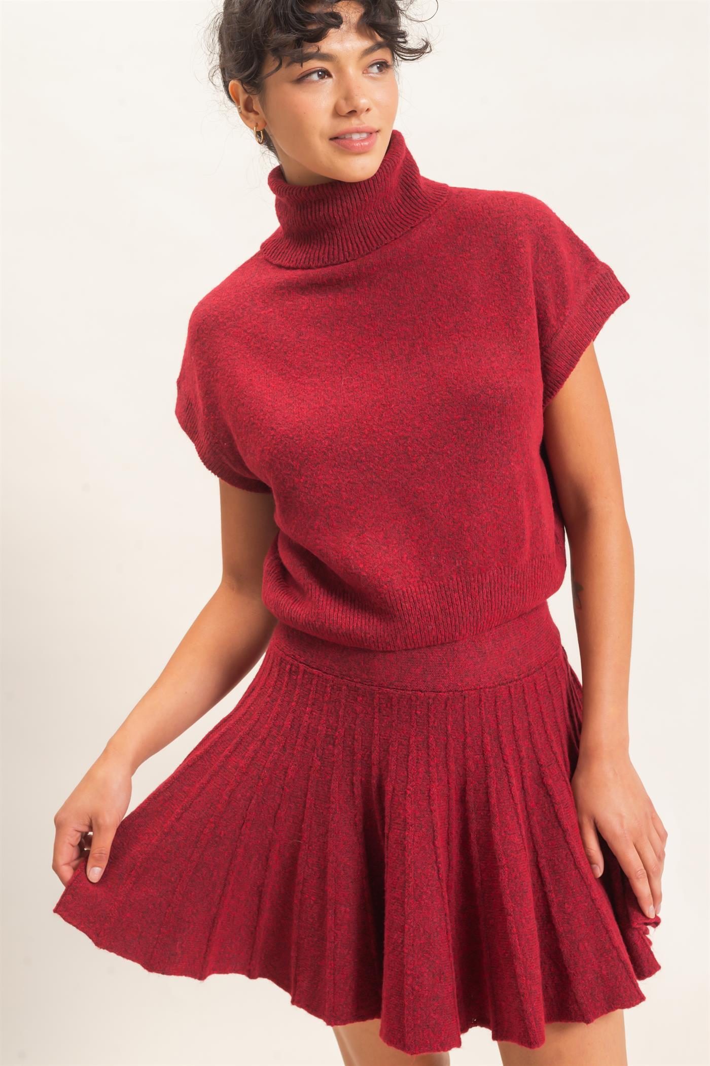 Wholesale Turtleneck Crop Top And Pleated Skirt Set Clothing DZ26C981-SET DARK RED DOUBLE ZERO